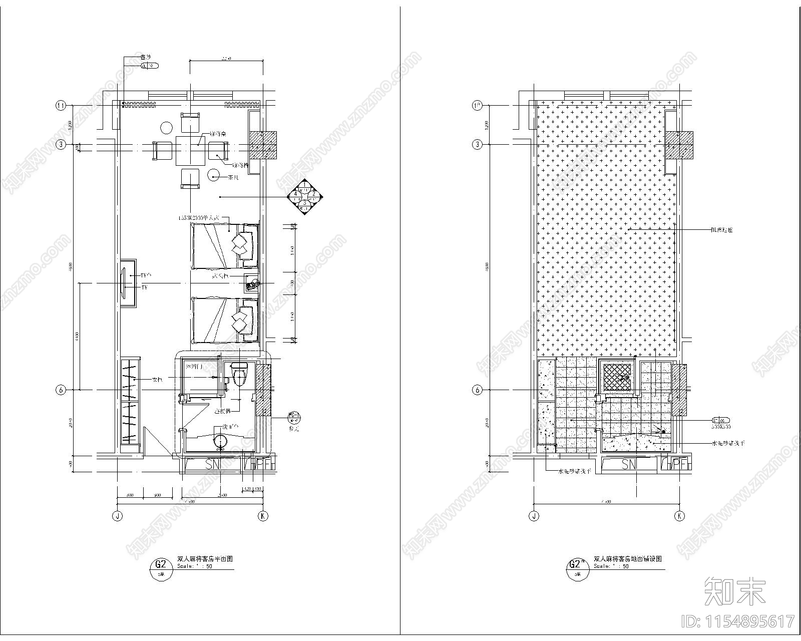 酒店高级双人房cad施工图下载【ID:1154895617】