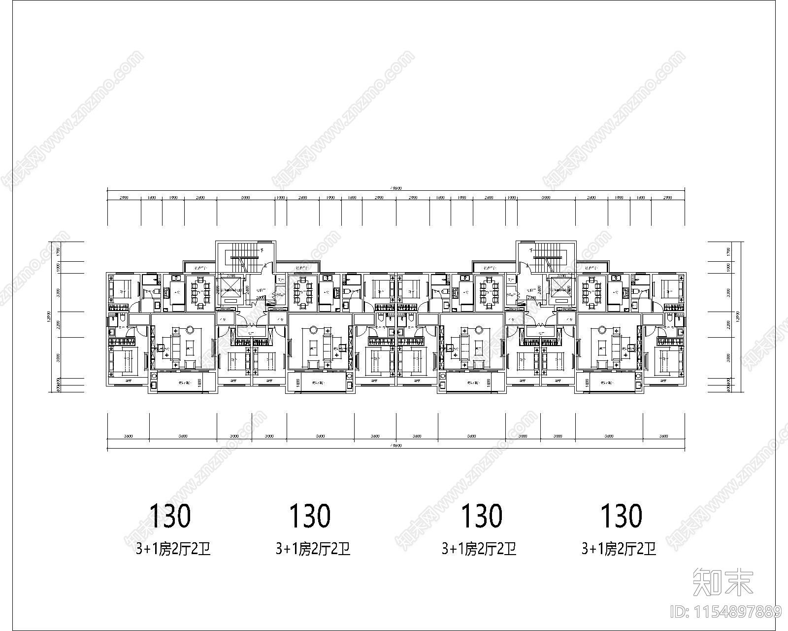 130南北通四面宽洋房建筑平面施工图下载【ID:1154897889】