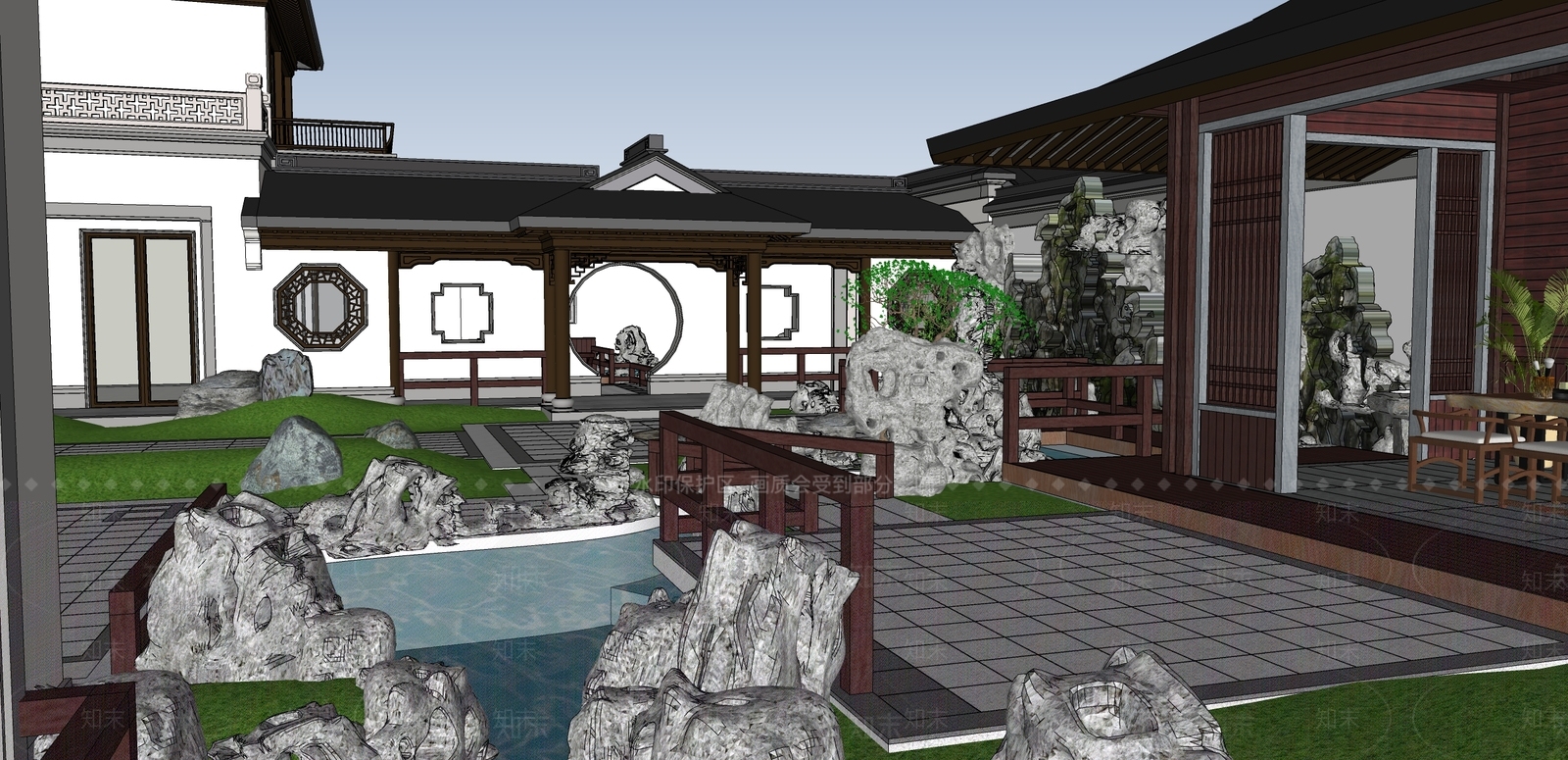 新中式枯山水庭院景观设计SU模型下载【ID:1154904072】