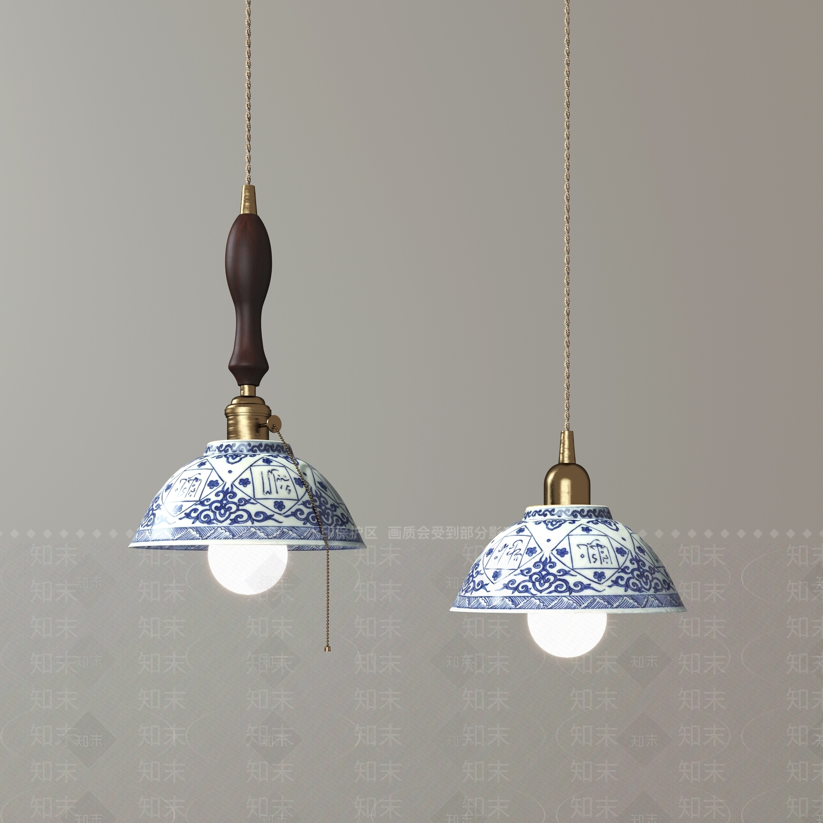 中式中古胡桃木青花瓷吊灯3D模型下载【ID:1154915403】