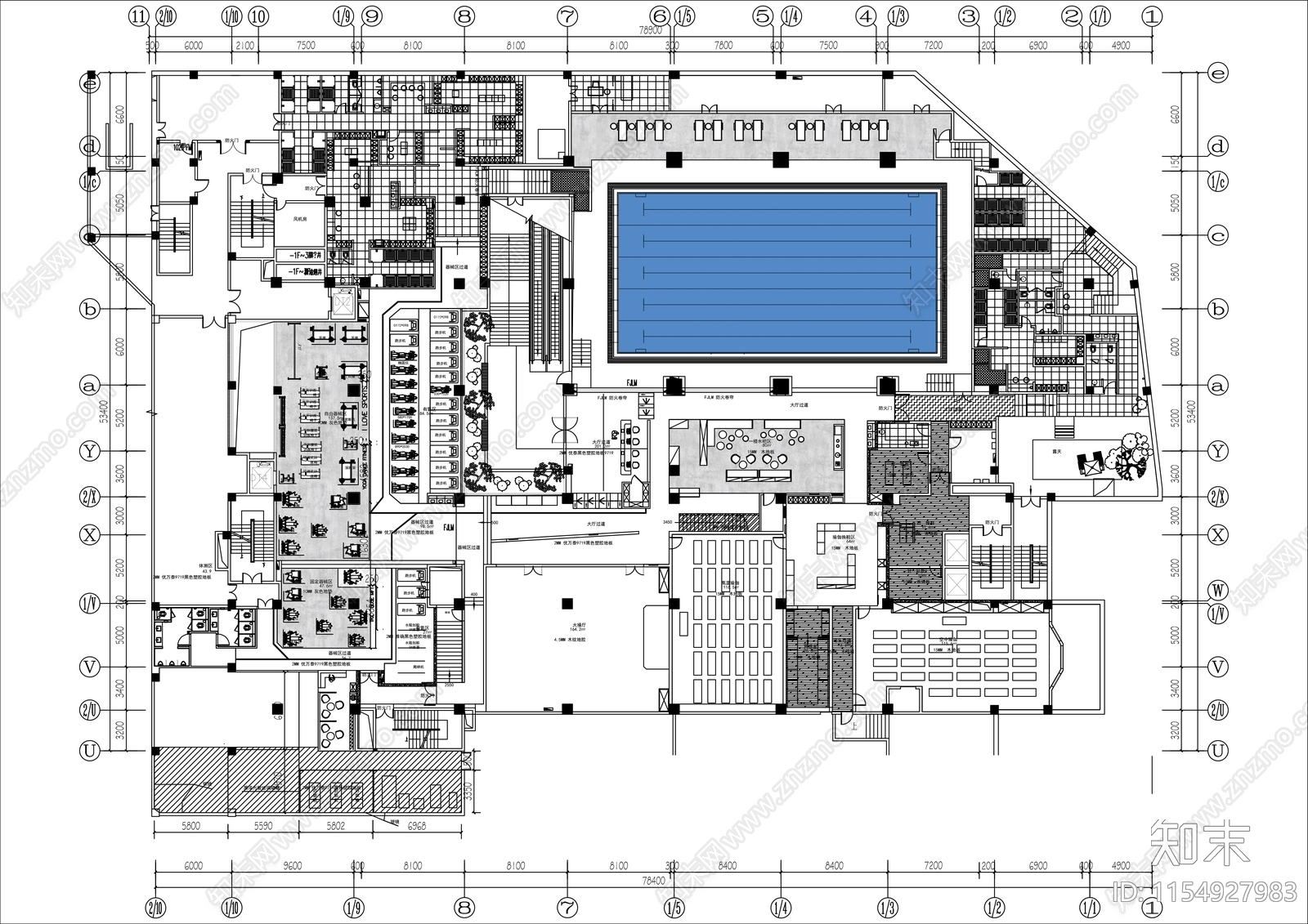 3500㎡游泳健身会所平面布置图cad施工图下载【ID:1154927983】