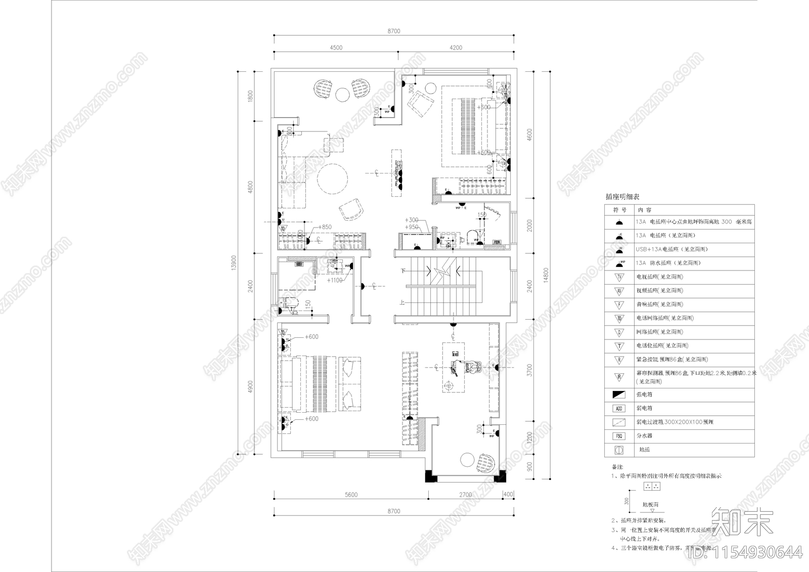 现代风私人别墅室内cad施工图下载【ID:1154930644】