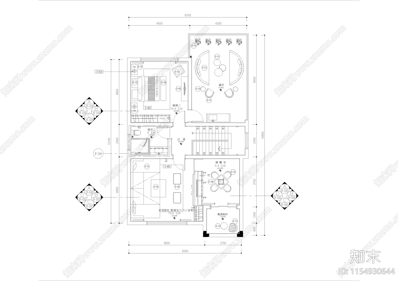 现代风私人别墅室内cad施工图下载【ID:1154930644】