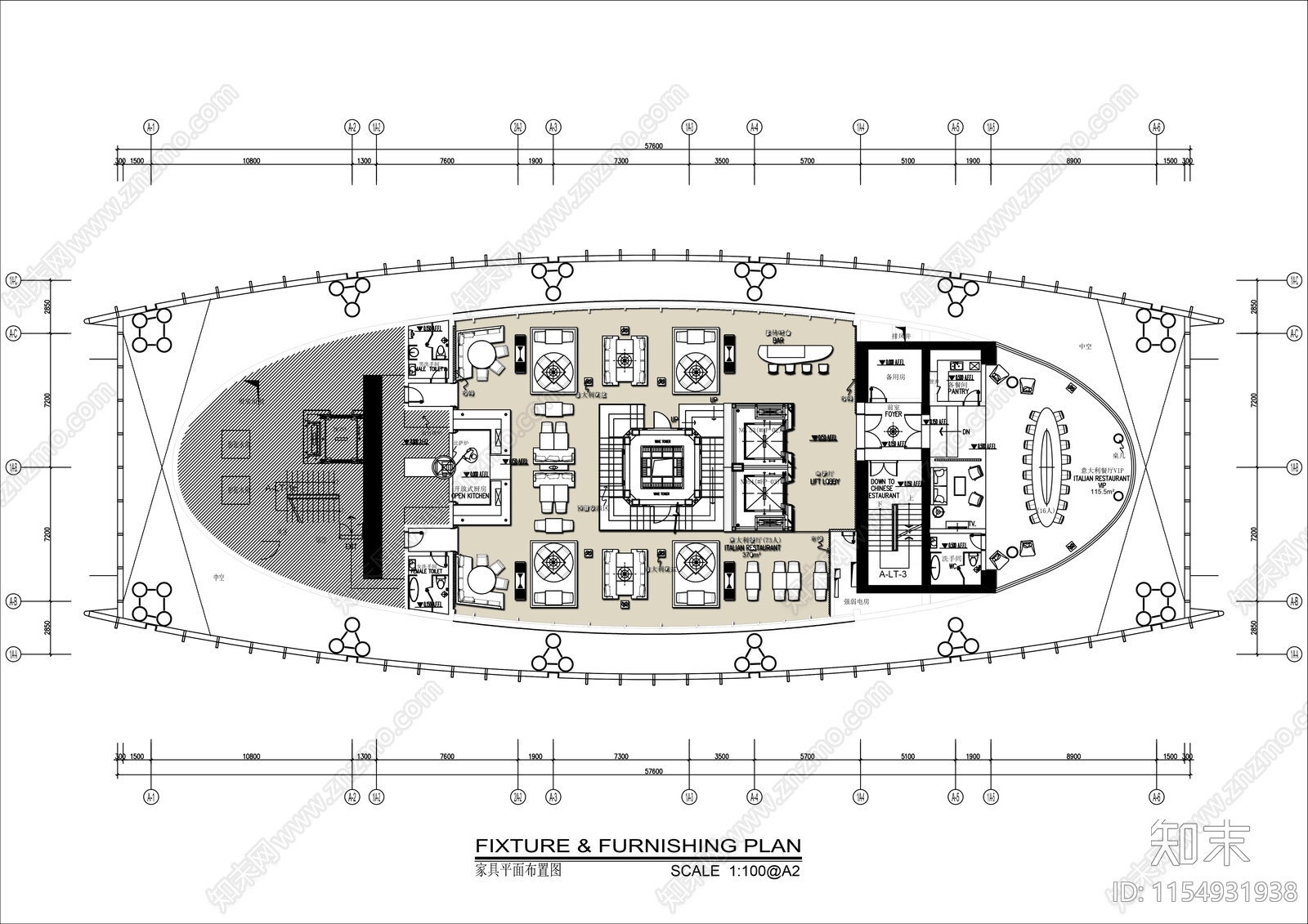 800㎡酒店意大利西餐厅平面布置图施工图下载【ID:1154931938】