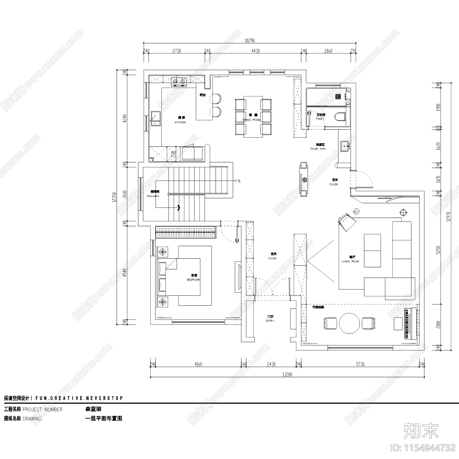 奶油简约山东森蓝湖二层别墅室内家装cad施工图下载【ID:1154944732】