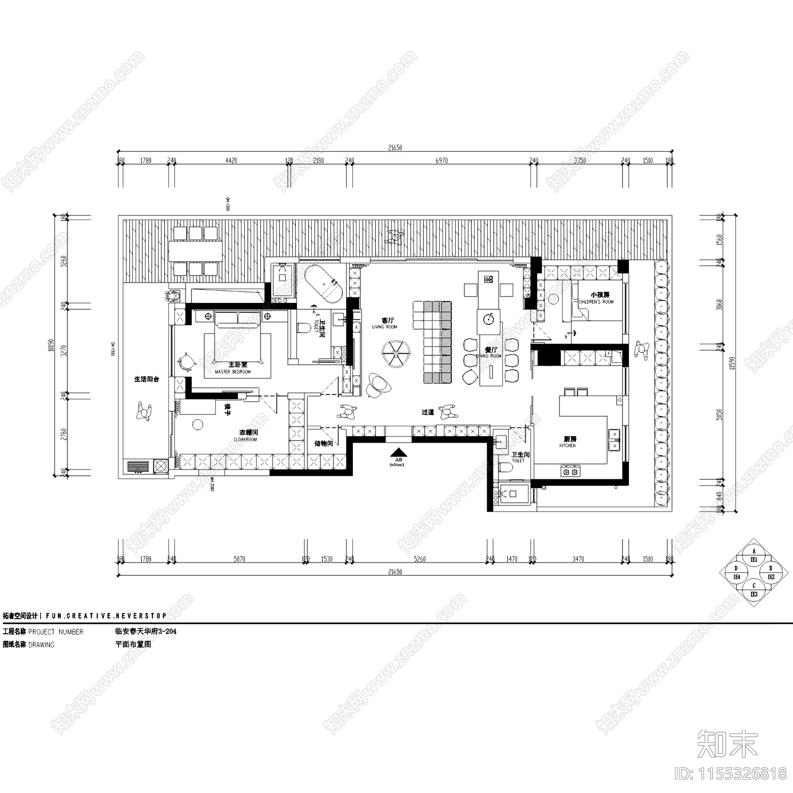 奶油简约杭州临安春天华府大平层室内家装cad施工图下载【ID:1155326818】