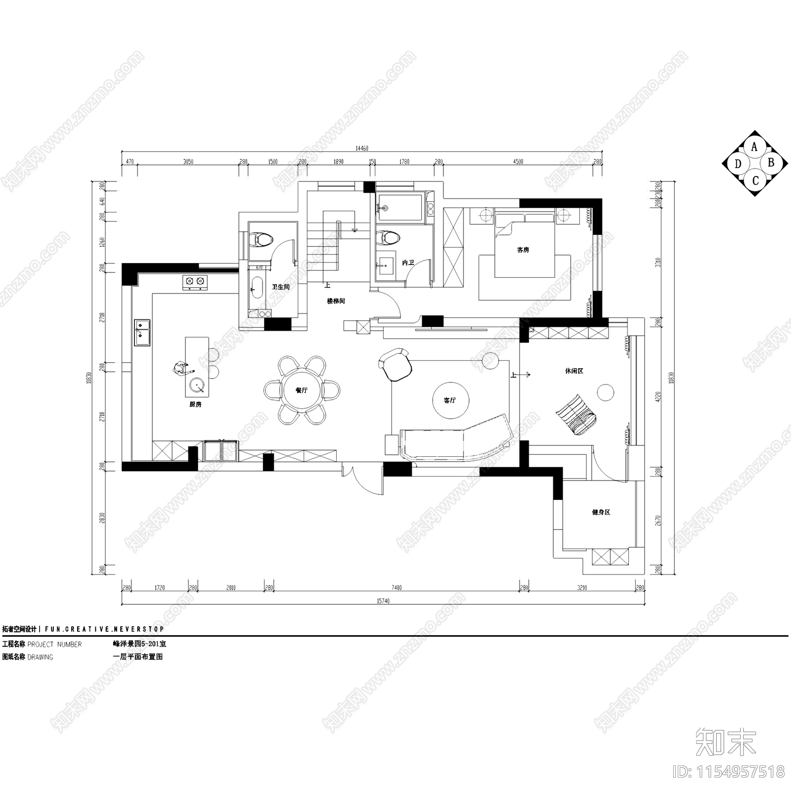 奶油风峰泽景园复式室内家装cad施工图下载【ID:1154957518】