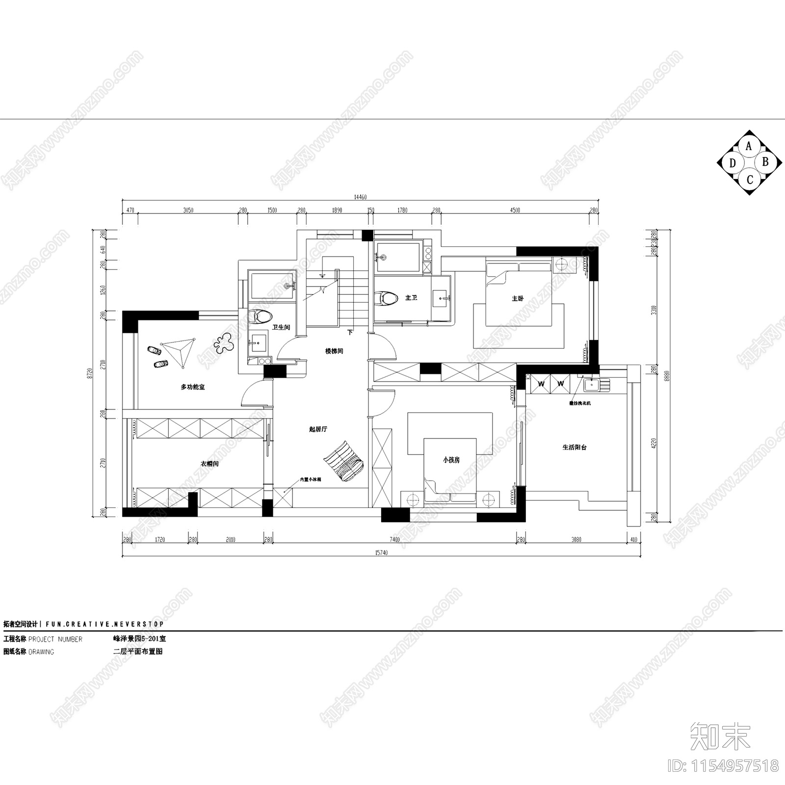 奶油风峰泽景园复式室内家装cad施工图下载【ID:1154957518】