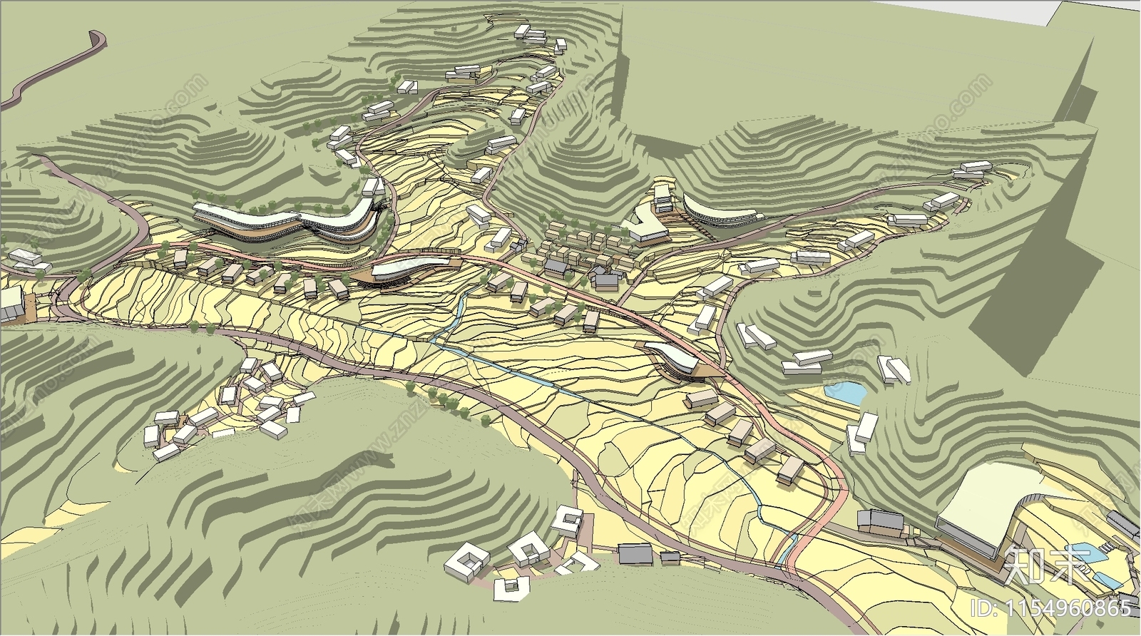 现代山地梯田地形SU模型下载【ID:1154960865】