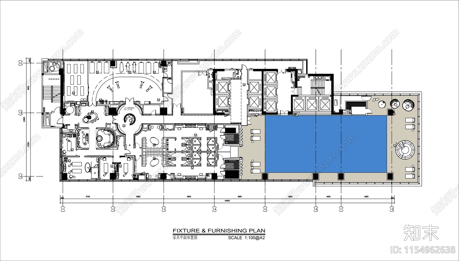 1400㎡酒店健身会所平面布置图施工图下载【ID:1154962638】
