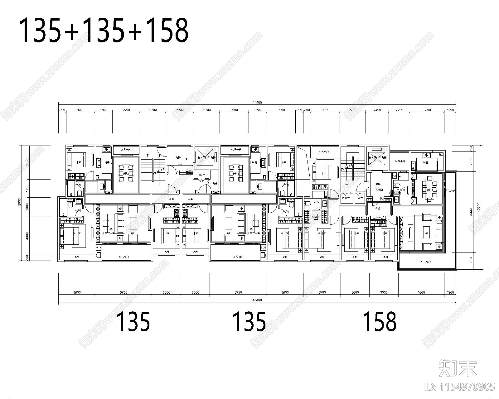 160一梯一户角厅洋房拼135户型cad施工图下载【ID:1154970905】