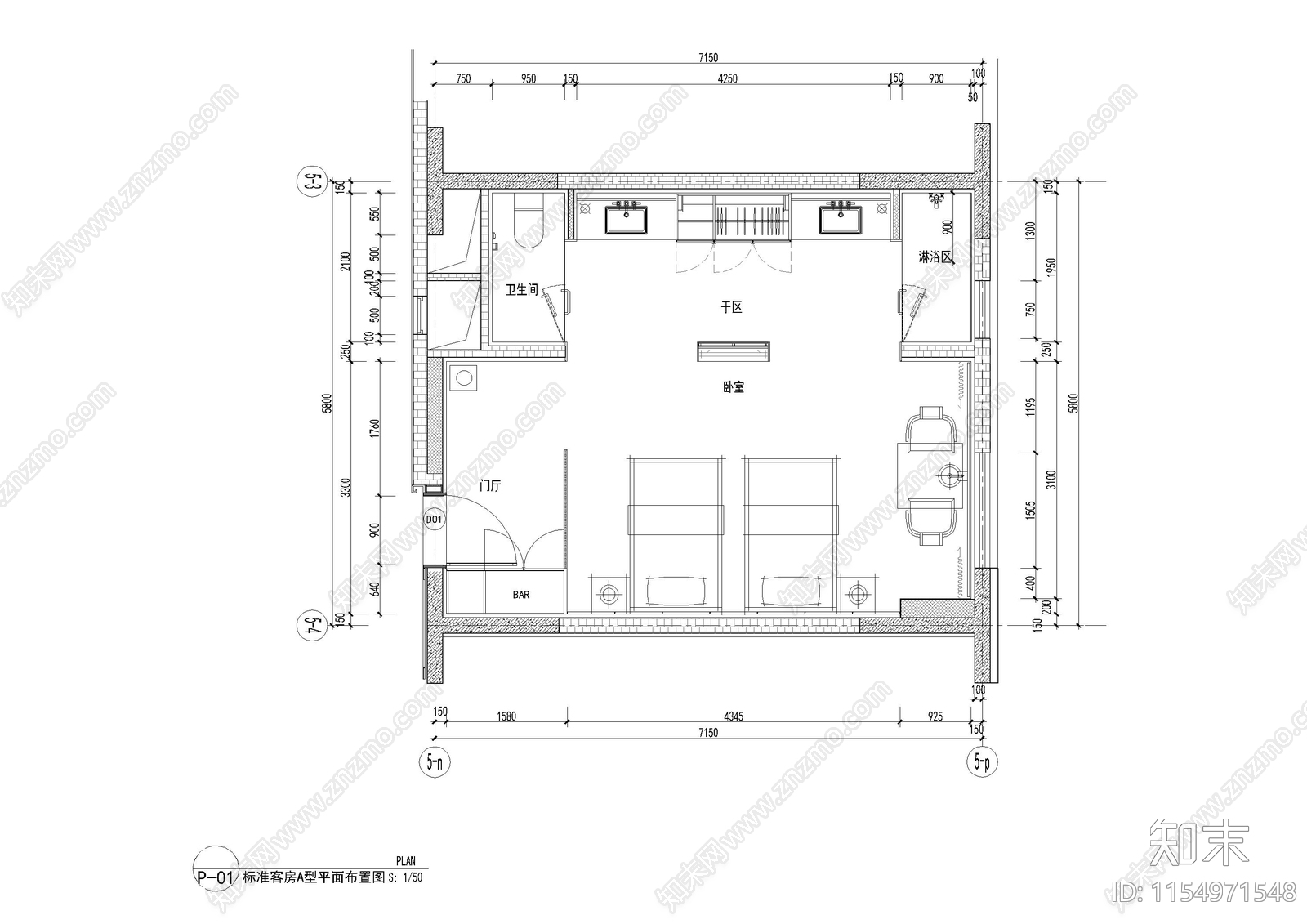 城市客栈双人间客cad施工图下载【ID:1154971548】