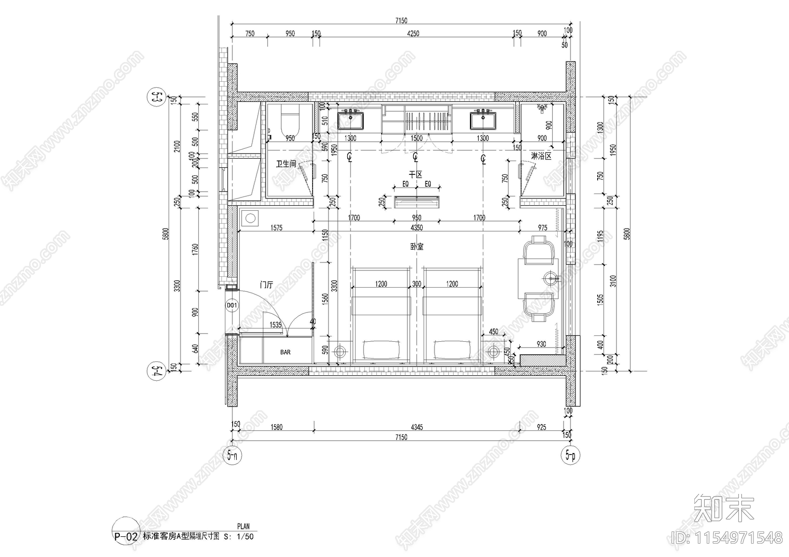 城市客栈双人间客cad施工图下载【ID:1154971548】