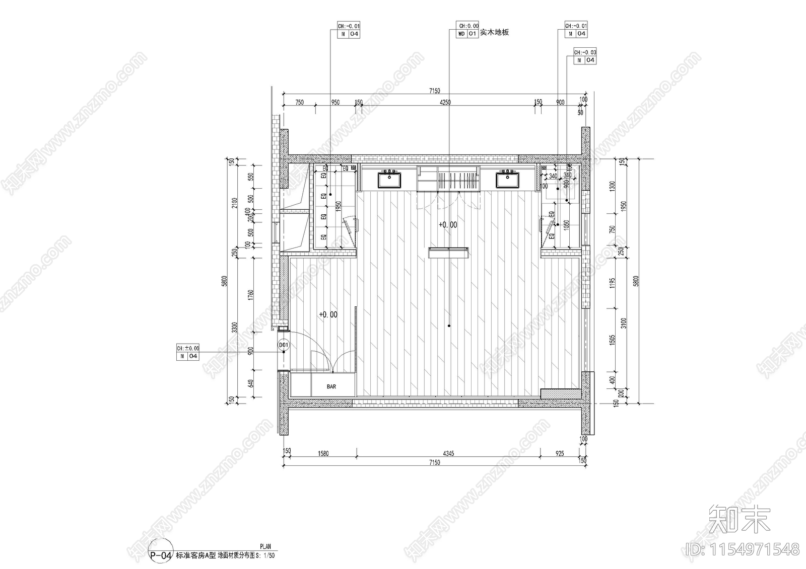 城市客栈双人间客cad施工图下载【ID:1154971548】