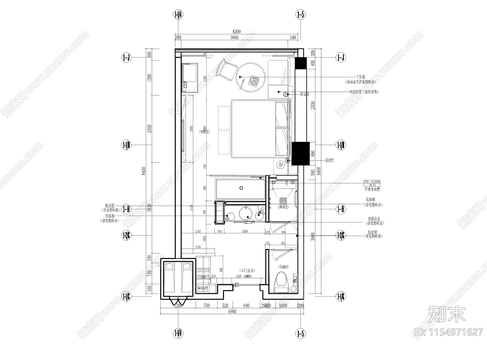 杭州民宿大床房客cad施工图下载【ID:1154971627】