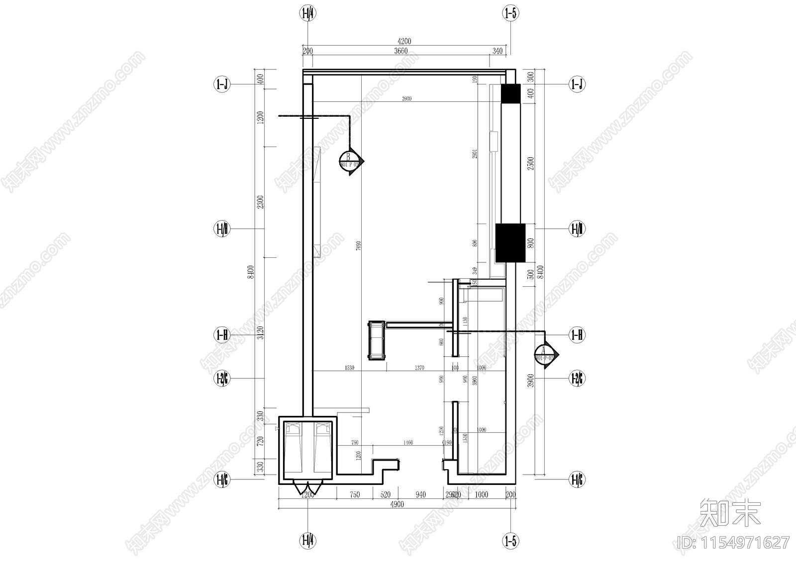 杭州民宿大床房客cad施工图下载【ID:1154971627】