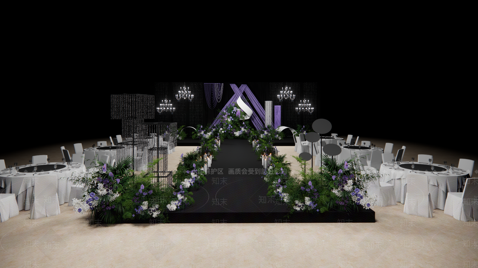 现代紫色小众布幔宴会厅SU模型下载【ID:1154974143】