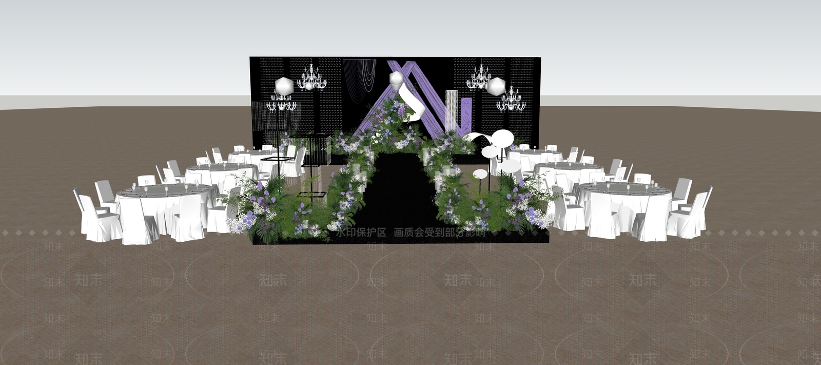现代紫色小众布幔宴会厅SU模型下载【ID:1154974143】