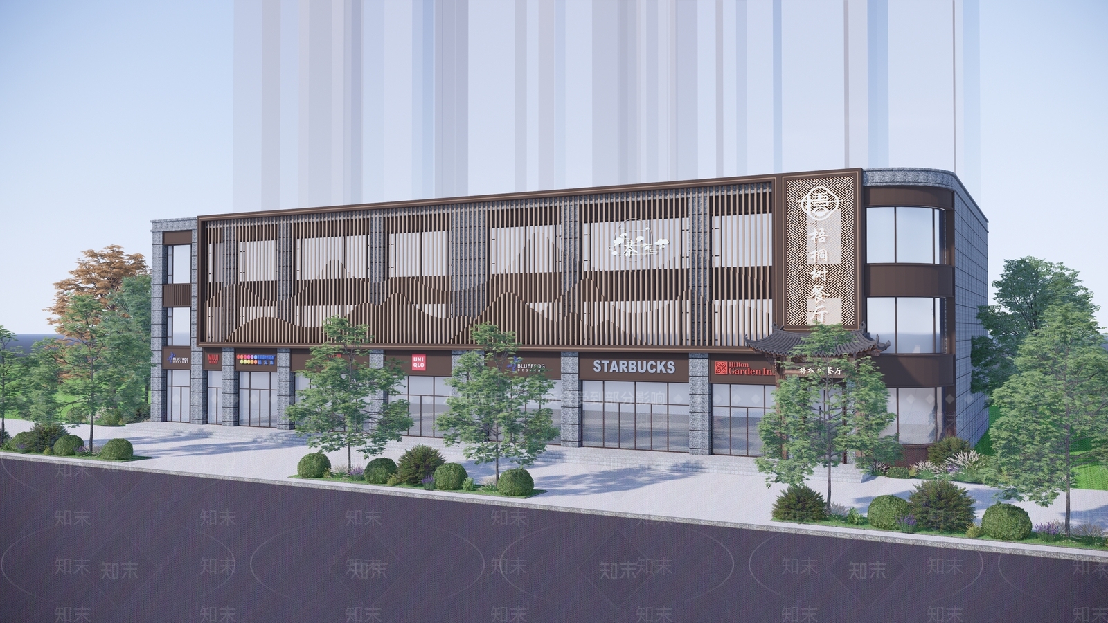 新中式沿街商铺外立面建筑SU模型下载【ID:1154981105】