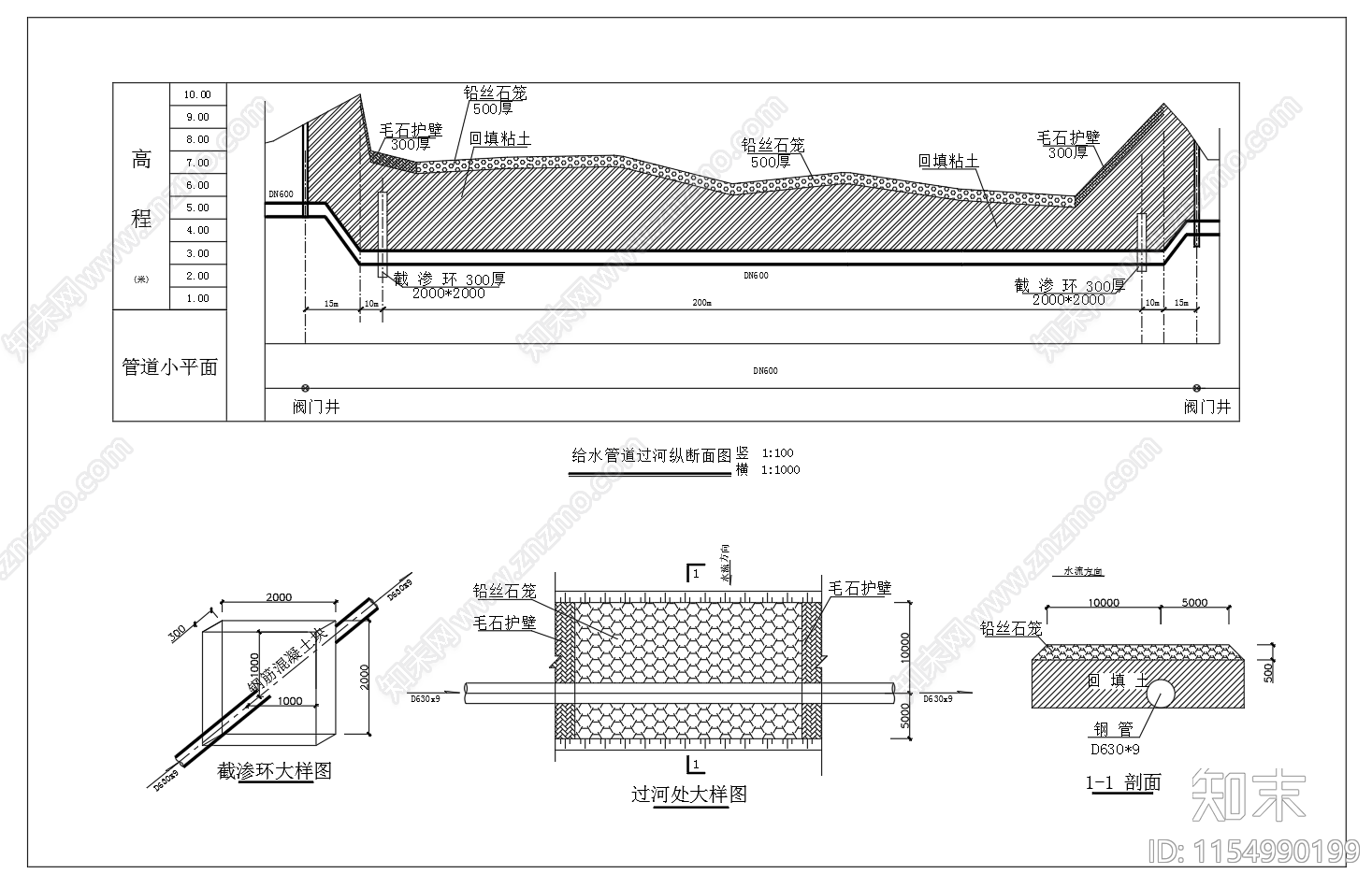 给水管道过河大样图纵断面图施工图下载【ID:1154990199】