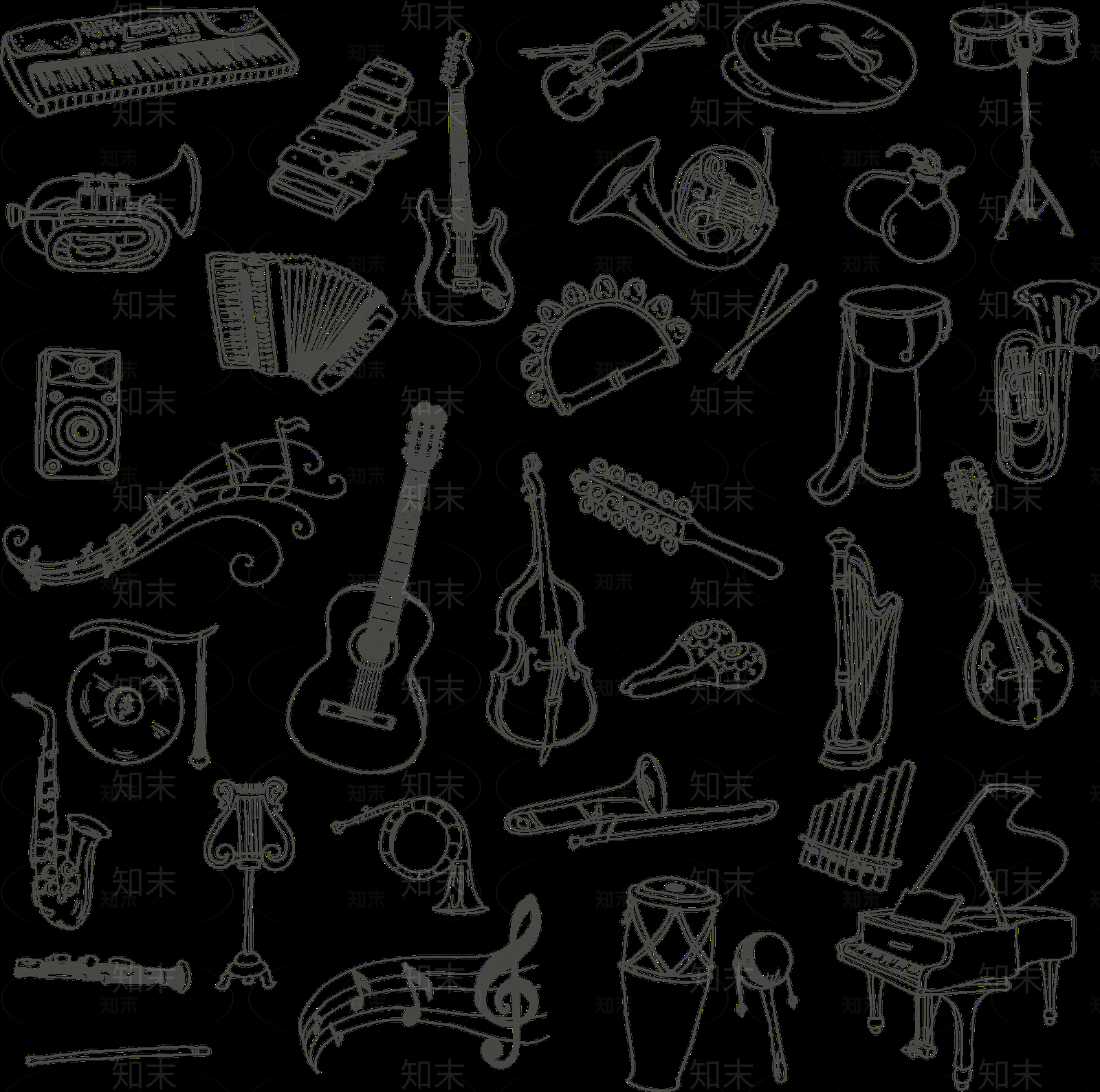 手绘黑白乐器壁画贴图下载【ID:1154990640】