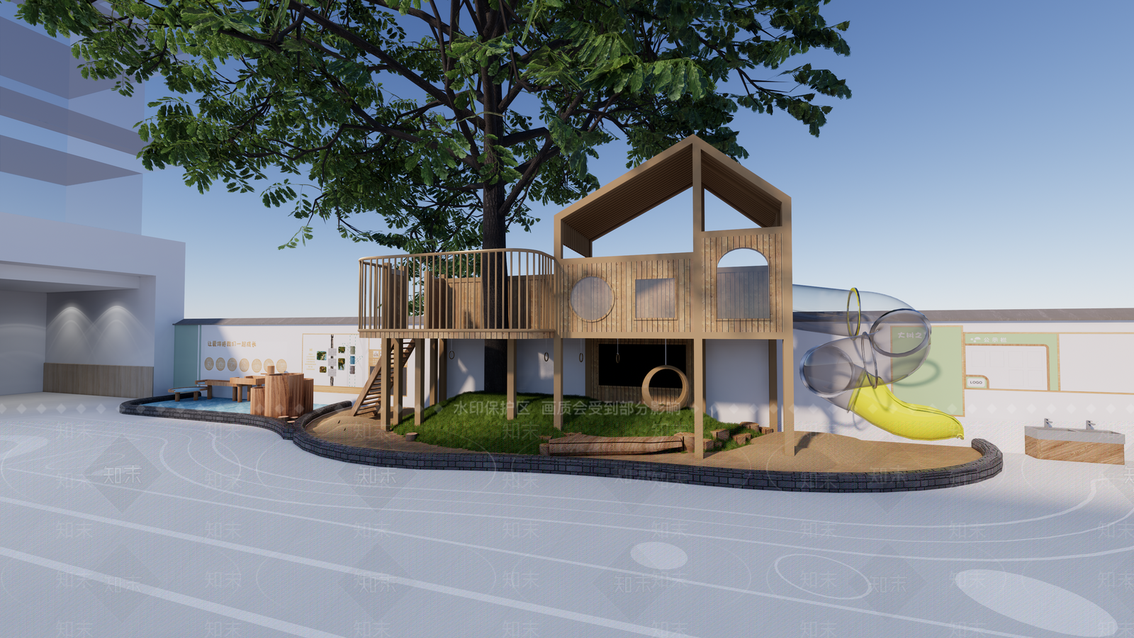 现代幼儿园树屋沙池水池滑滑梯SU模型下载【ID:1154992703】