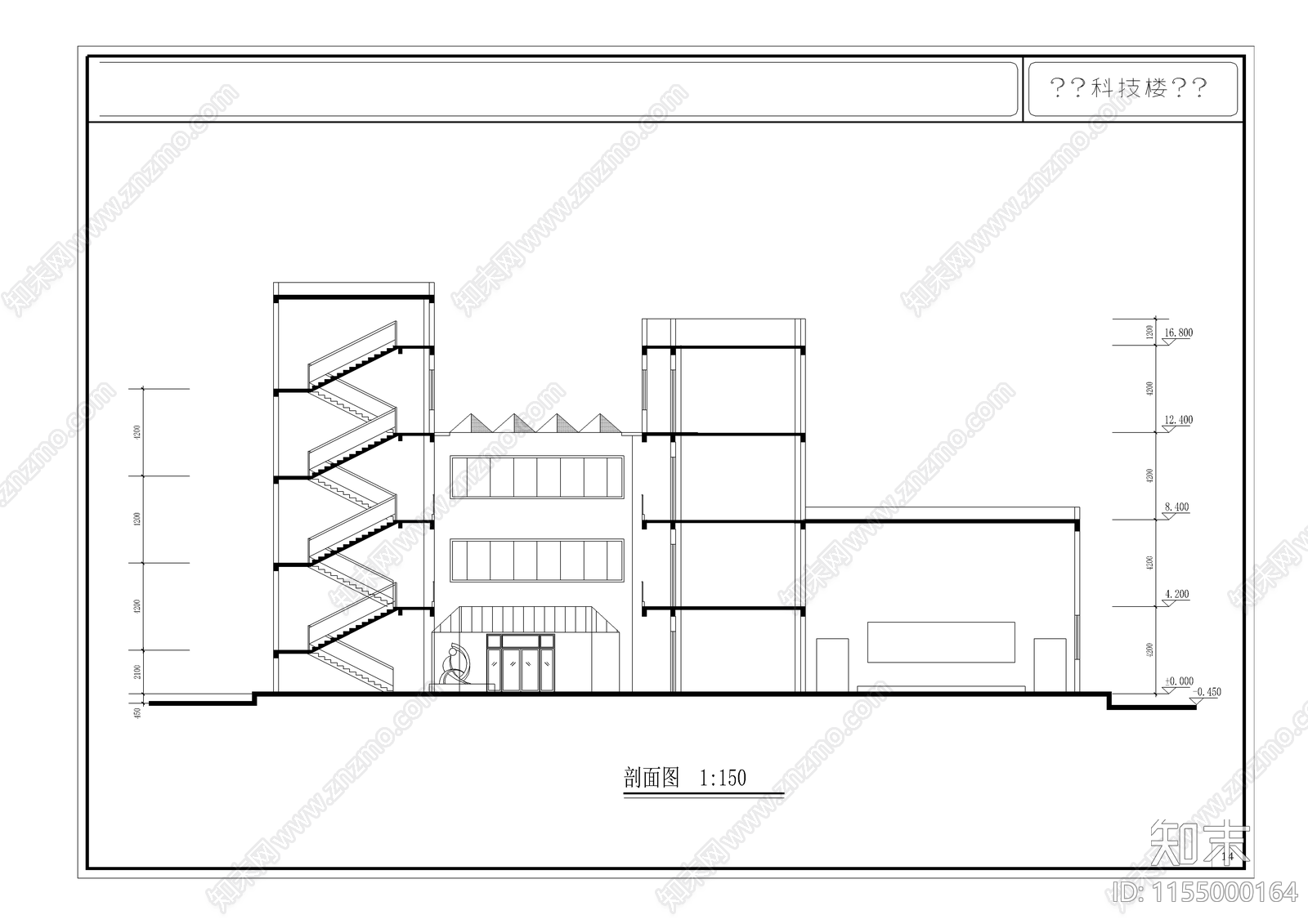 某中学图书科技楼方案设计cad施工图下载【ID:1155000164】