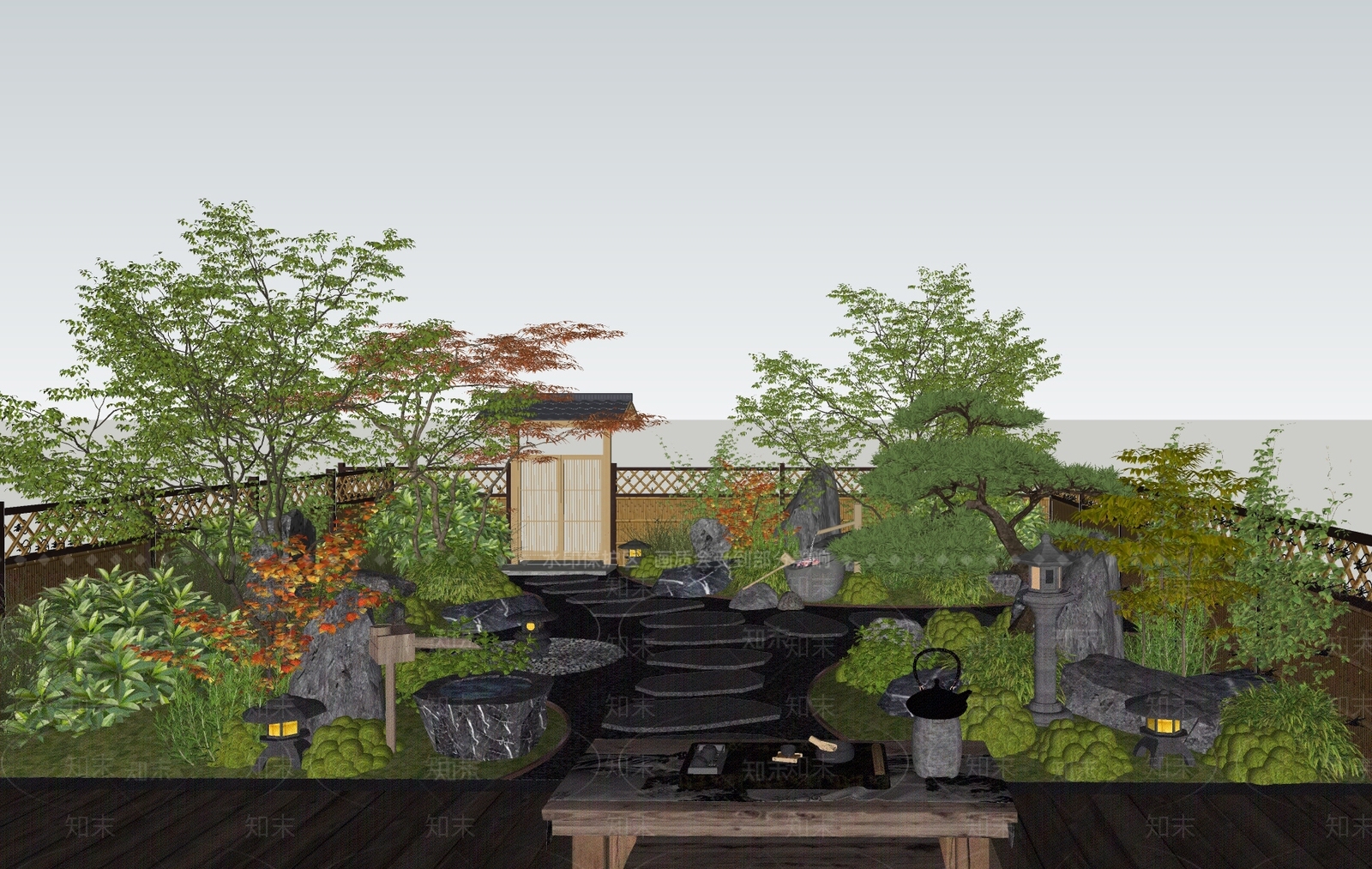 日式禅意庭院景观SU模型下载【ID:1155001862】