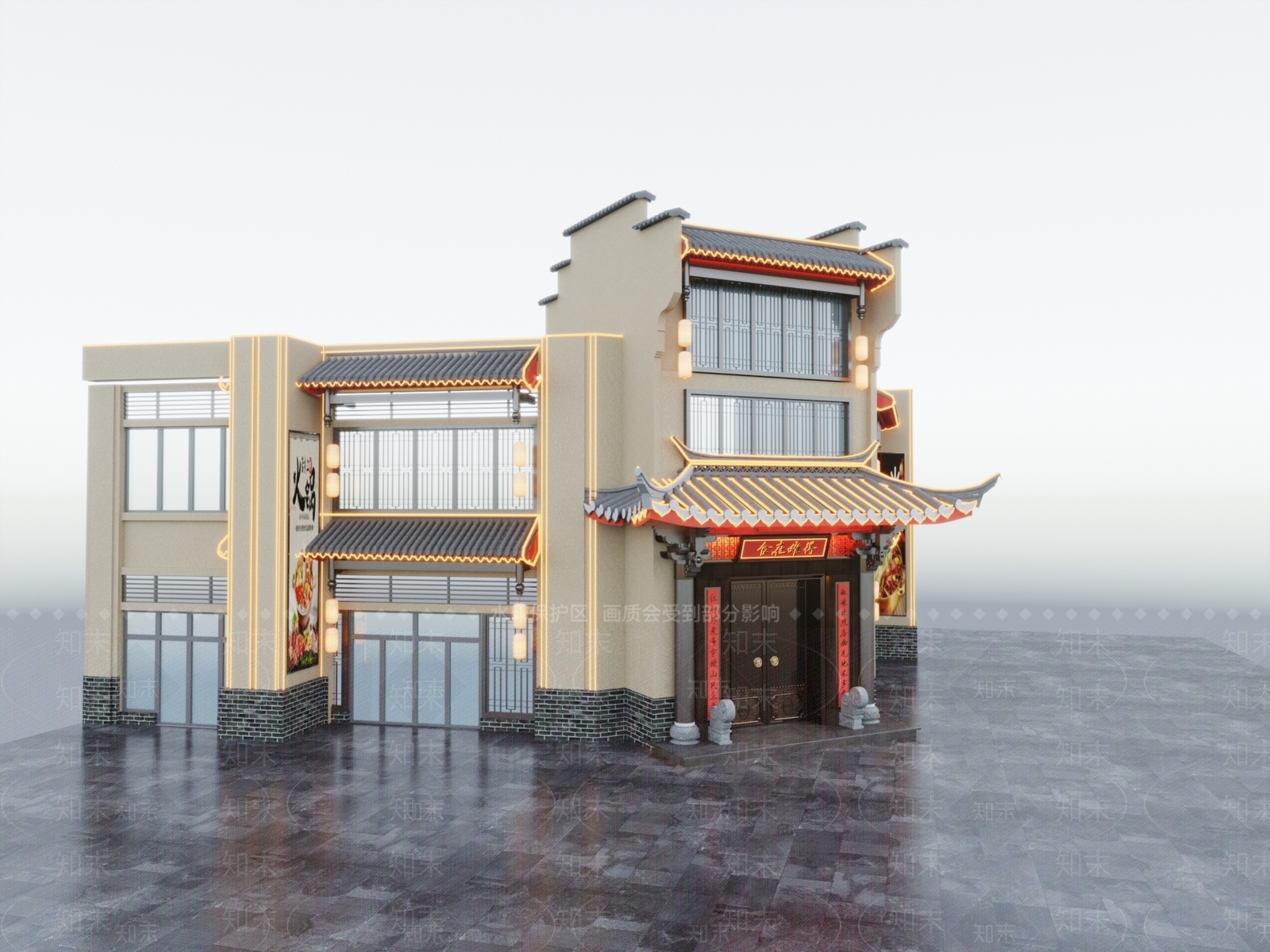 中式火锅店餐饮建筑SU模型下载【ID:1155008075】