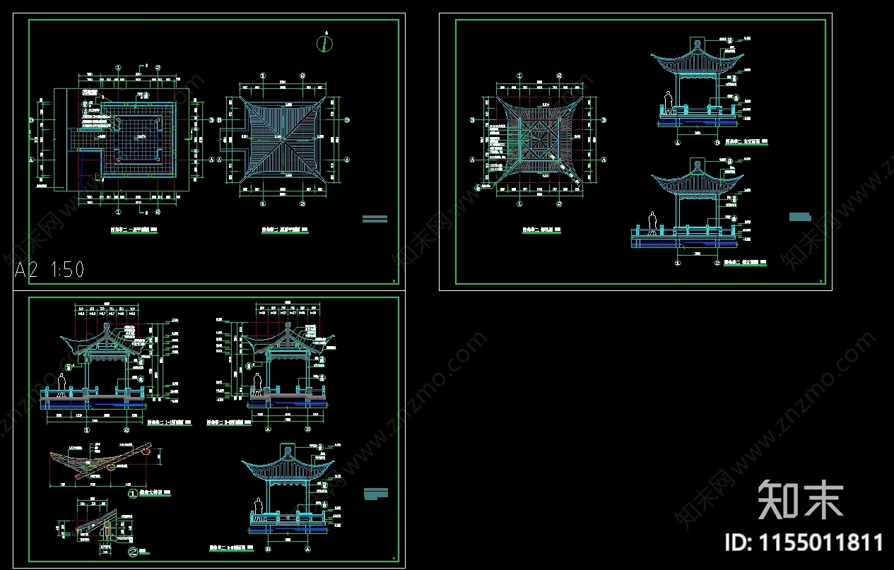 四角亭三cad施工图下载【ID:1155011811】