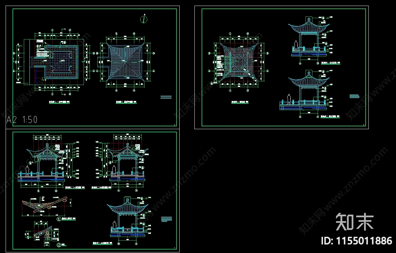四角亭一cad施工图下载【ID:1155011886】