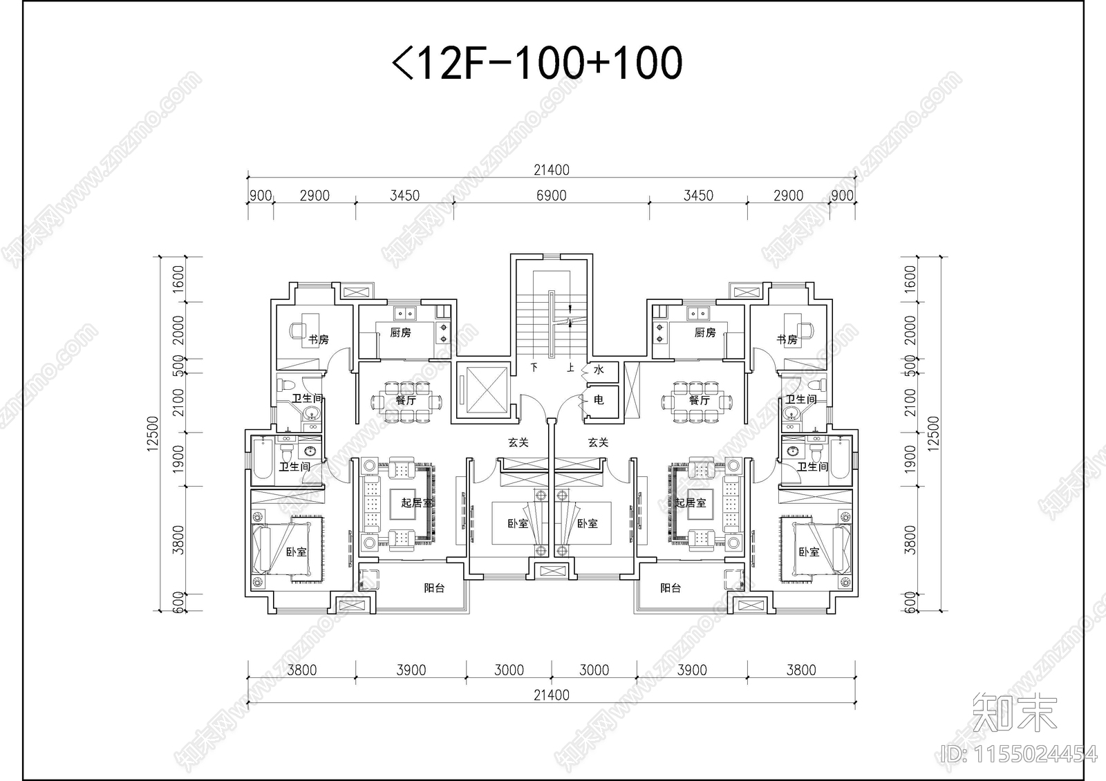 洋房100平户型平面cad施工图下载【ID:1155024454】