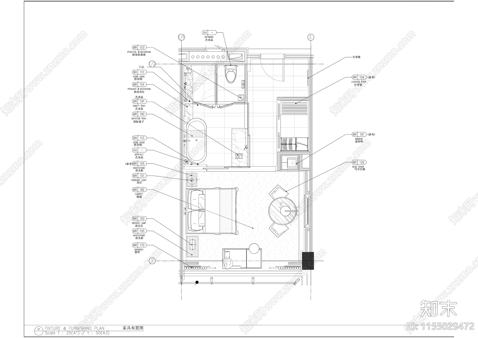 五星级酒店双人大床房标准间客房室内精装修施工图下载【ID:1155029472】