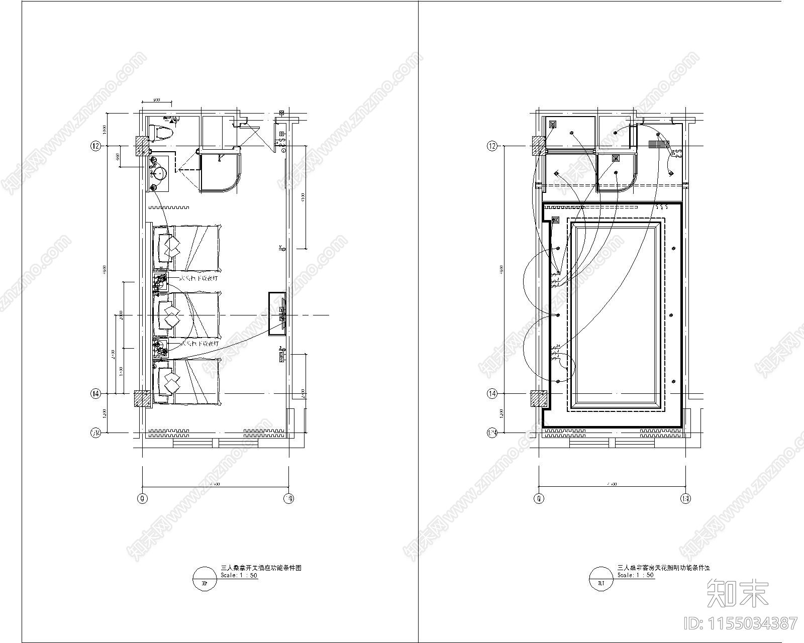 桑拿区三人客房cad施工图下载【ID:1155034387】