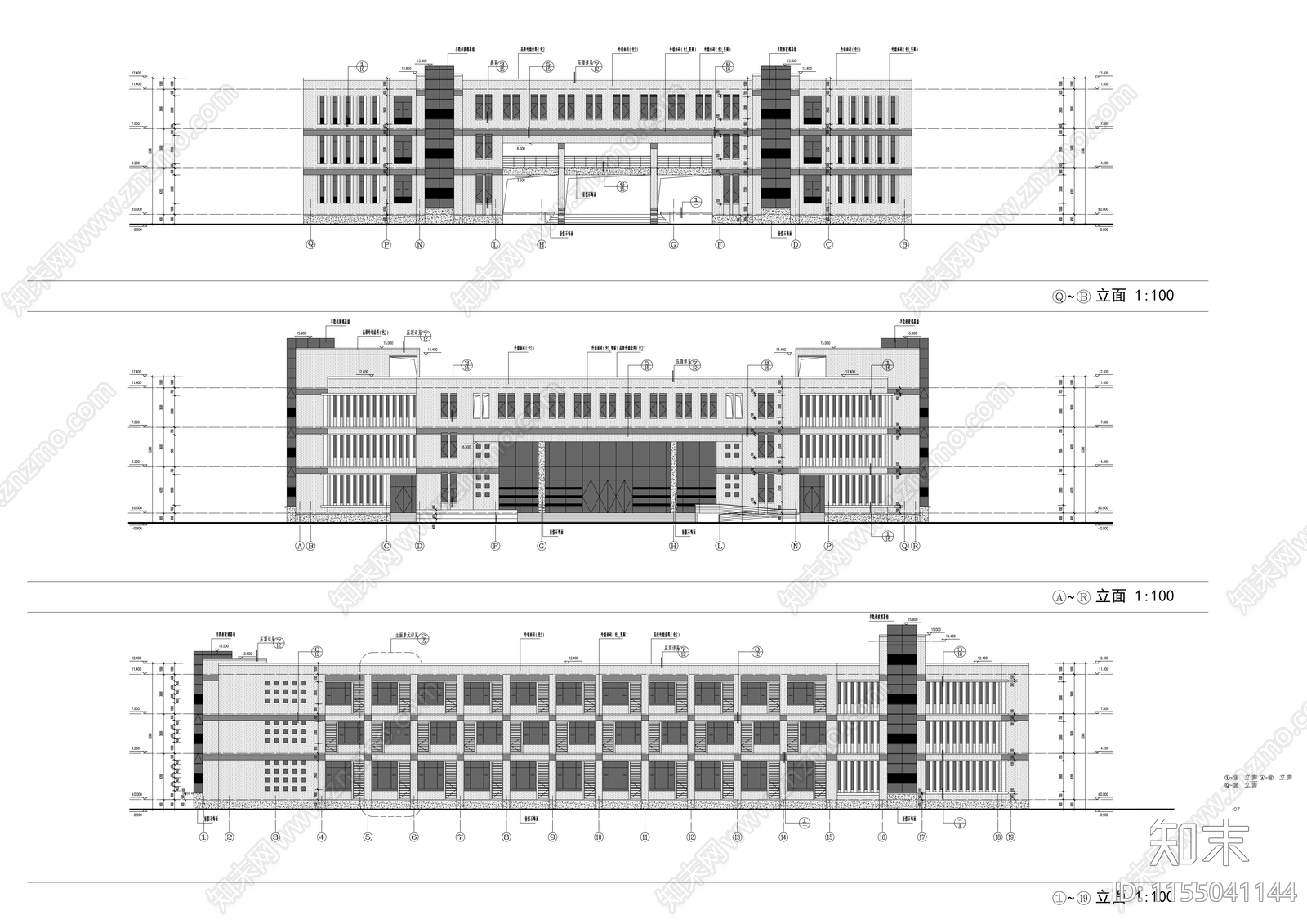 三层学校办公楼建筑方案图cad施工图下载【ID:1155041144】