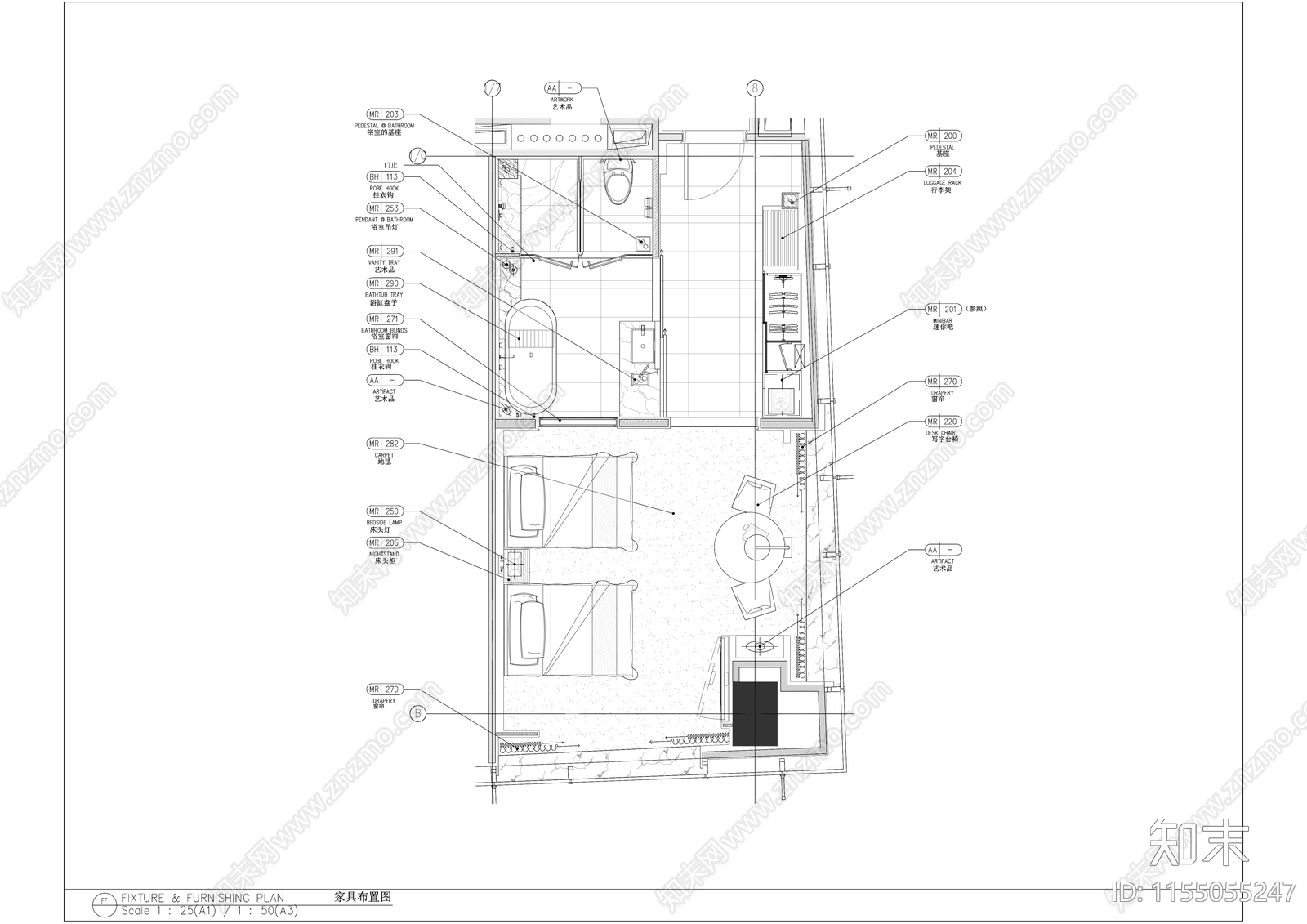 五星级酒店标准间客房室内精装修cad施工图下载【ID:1155055247】