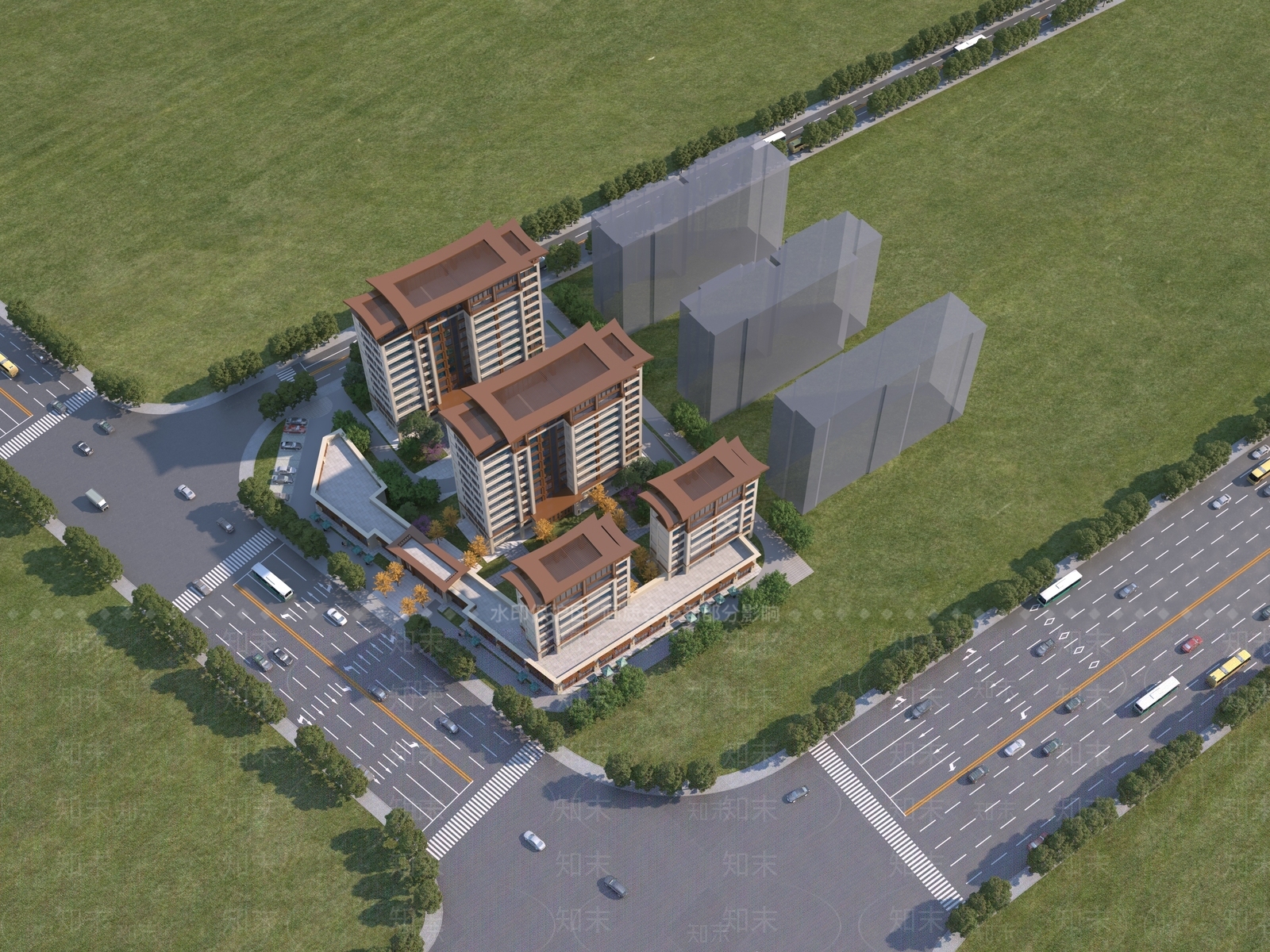 新中式高层住宅鸟瞰图3D模型下载【ID:1155058495】