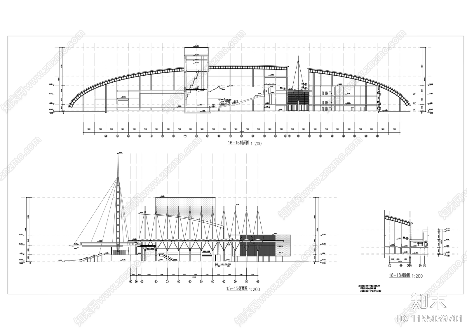 三层弧线形市级大剧院建筑cad施工图下载【ID:1155059701】