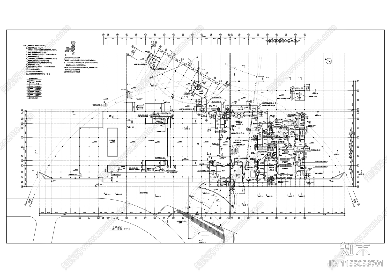 三层弧线形市级大剧院建筑cad施工图下载【ID:1155059701】