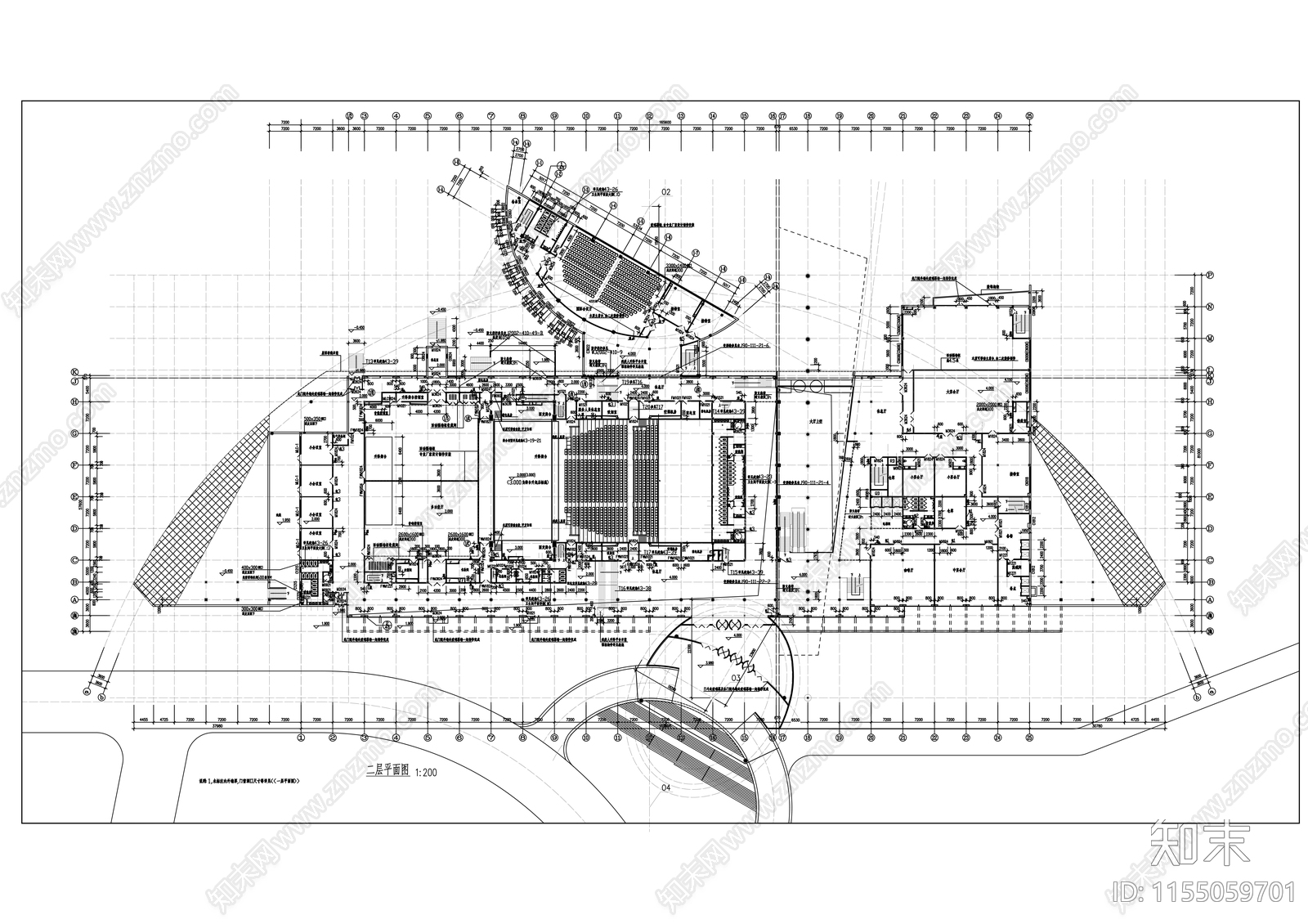 三层弧线形市级大剧院建筑cad施工图下载【ID:1155059701】