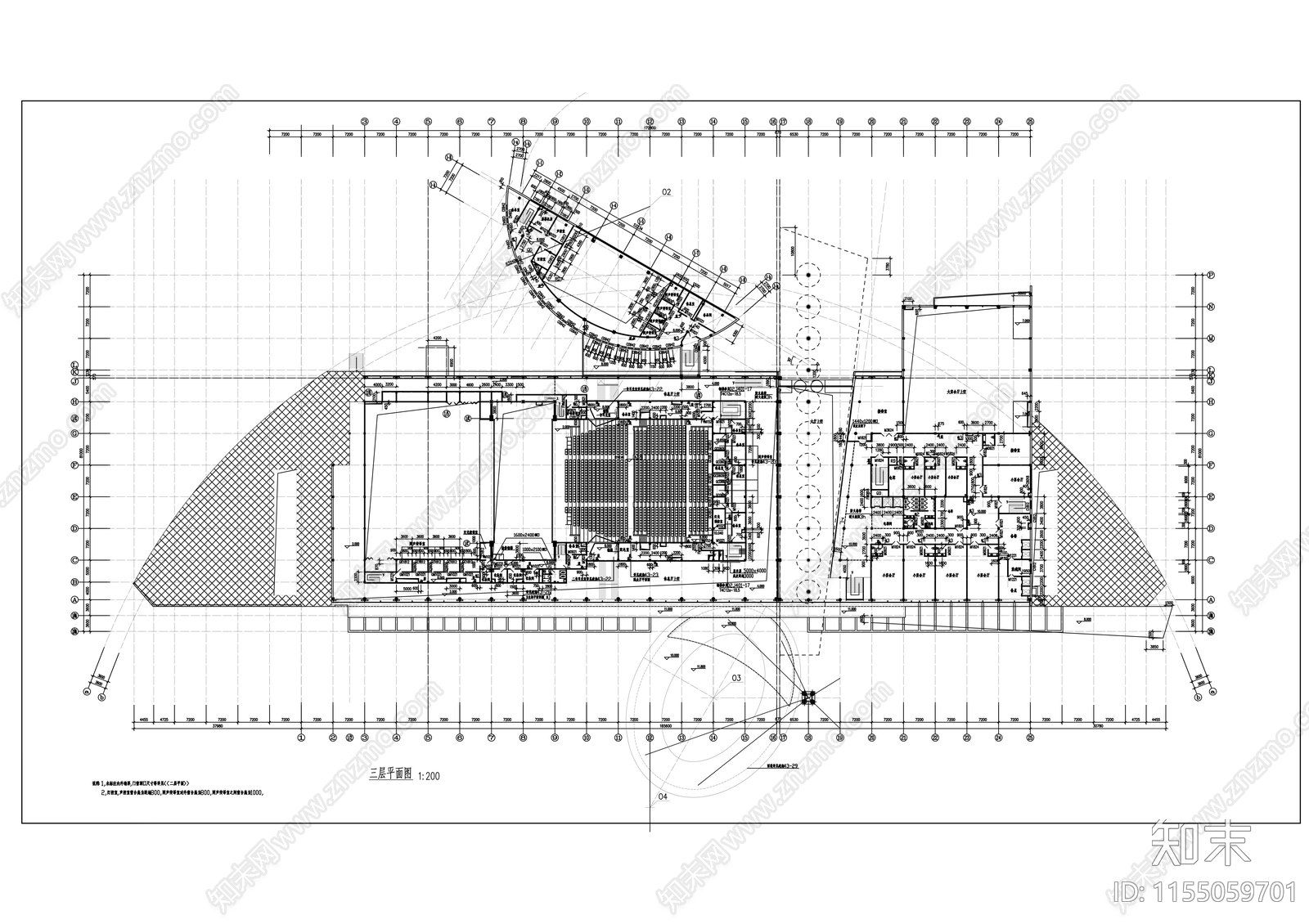 三层弧线形市级大剧院建筑cad施工图下载【ID:1155059701】