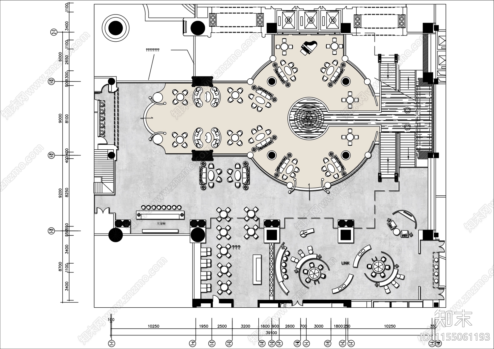1000㎡酒店大堂吧平面布置图施工图下载【ID:1155061193】