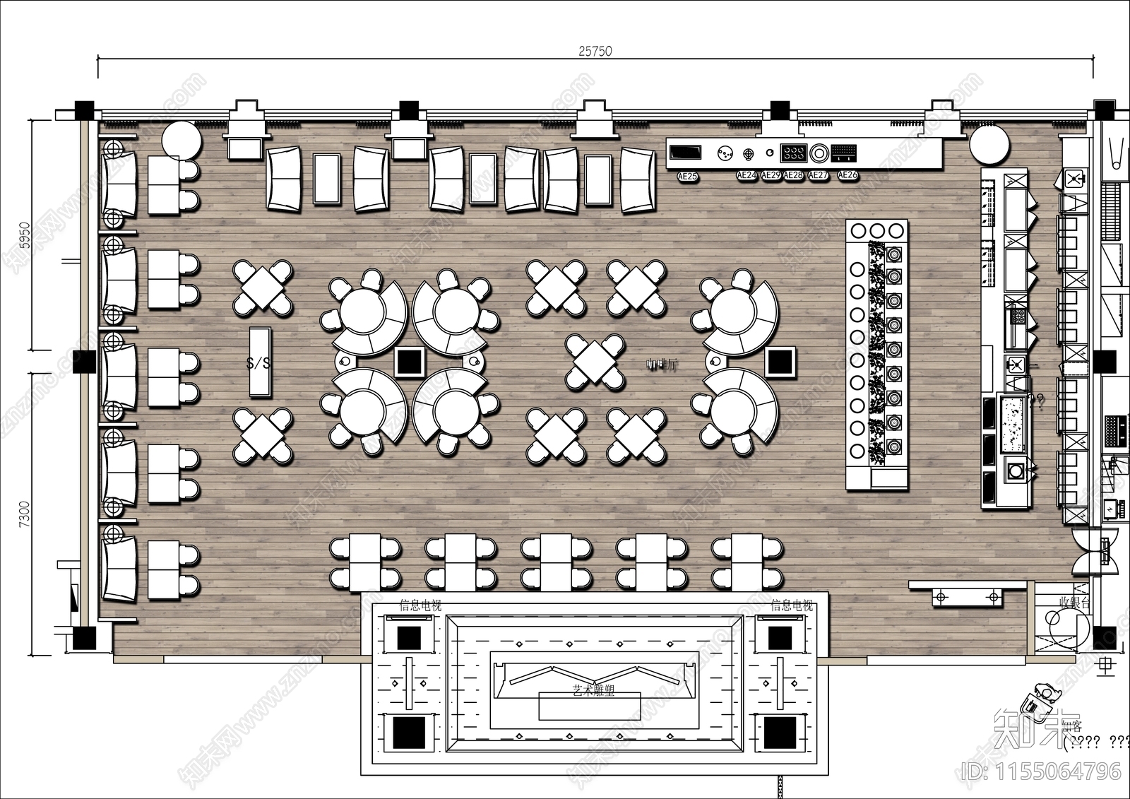 400㎡酒店咖啡馆平面布置图施工图下载【ID:1155064796】