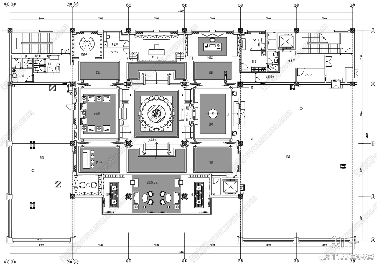 600㎡酒店商务会所平面布置图施工图下载【ID:1155066486】