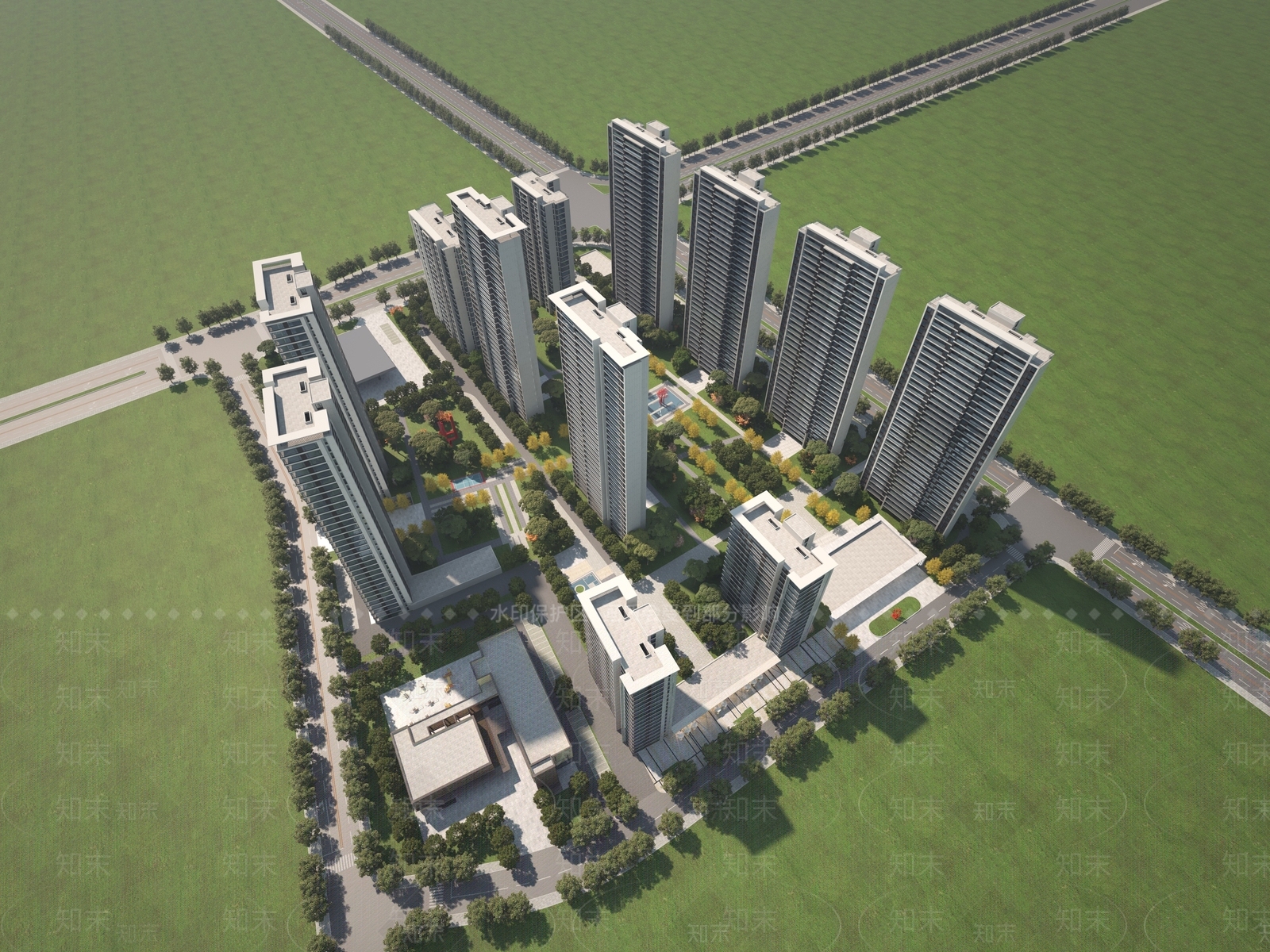 现代高层住宅鸟瞰图3D模型下载【ID:1155067137】