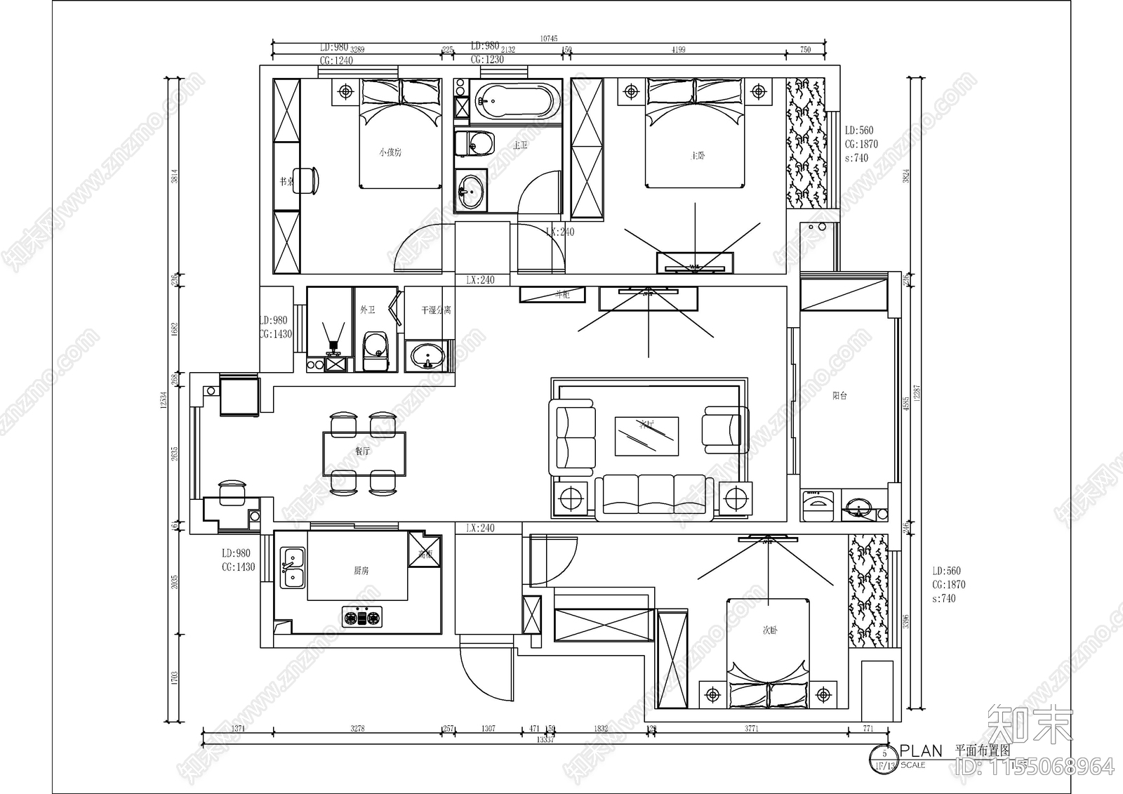 三室两厅130㎡现代风格装修图cad施工图下载【ID:1155068964】