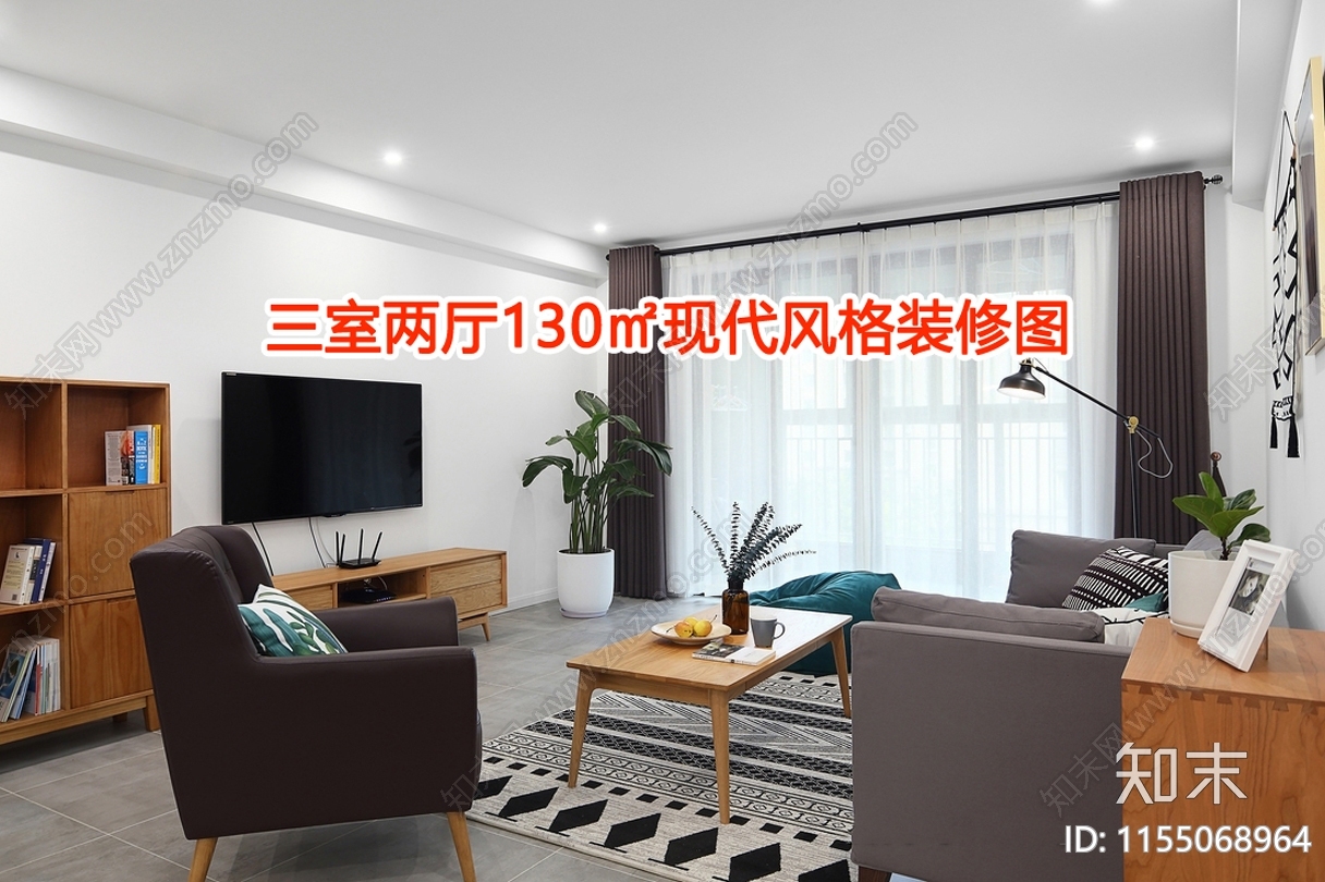 三室两厅130㎡现代风格装修图cad施工图下载【ID:1155068964】