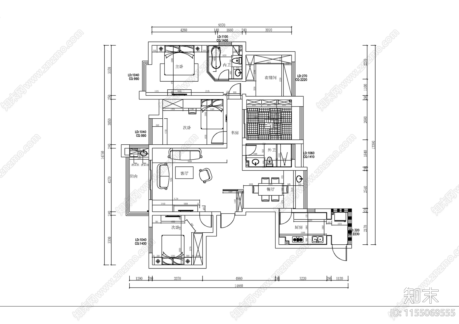 180㎡四室两厅美式风格装修cad施工图下载【ID:1155069555】