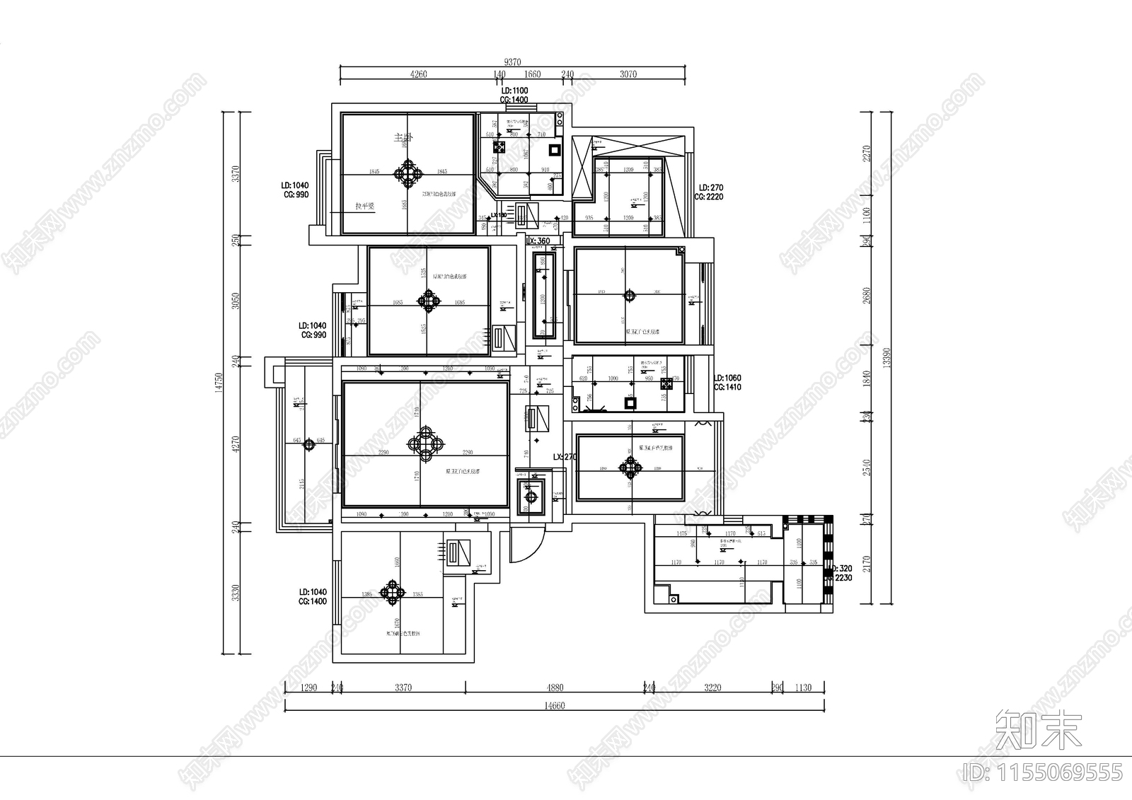 180㎡四室两厅美式风格装修cad施工图下载【ID:1155069555】