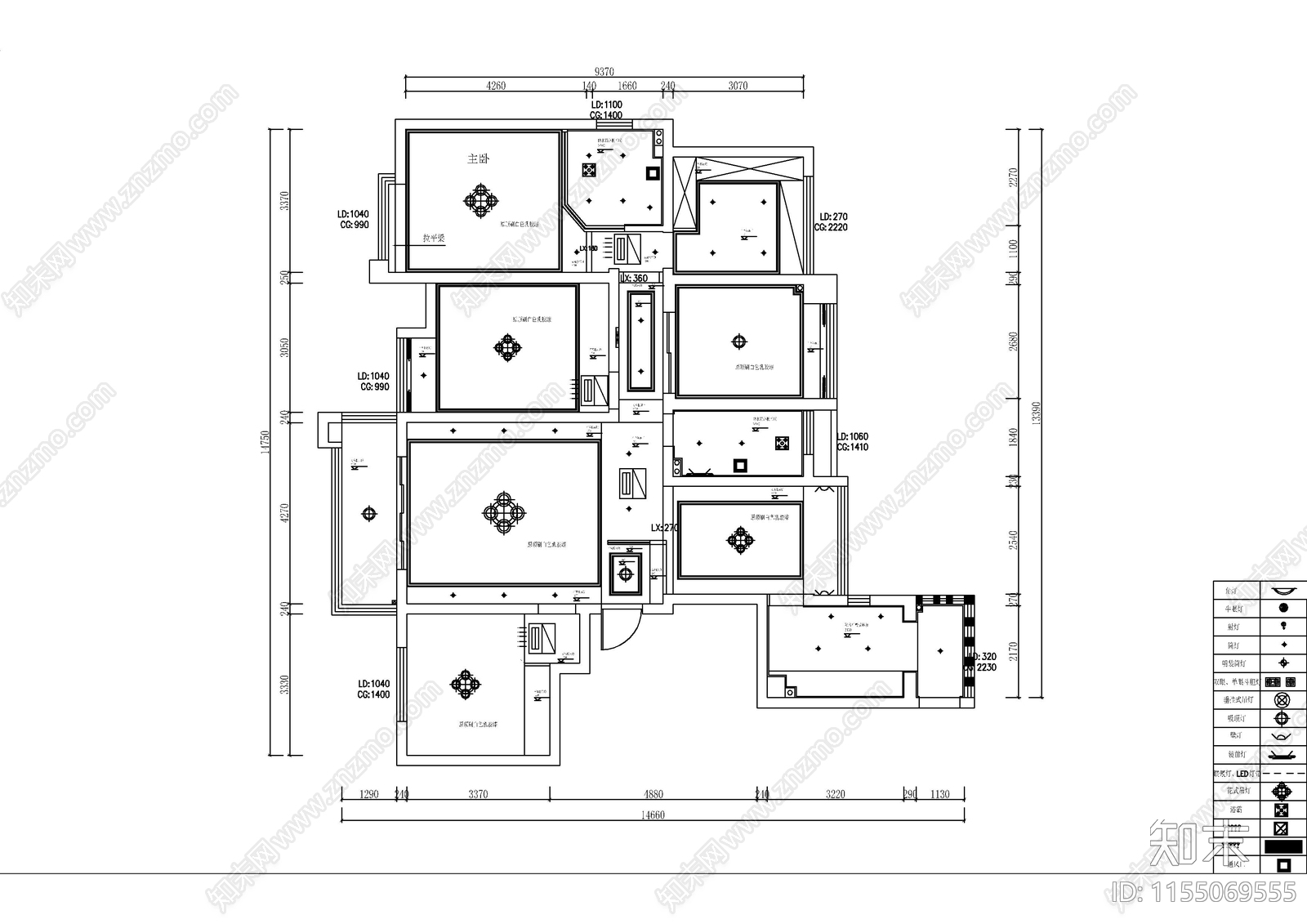 180㎡四室两厅美式风格装修cad施工图下载【ID:1155069555】